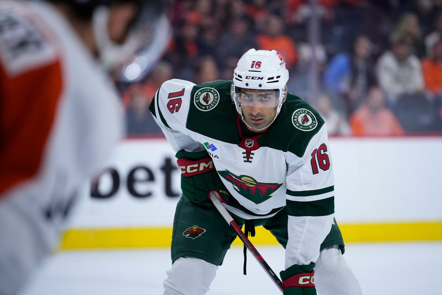 Minnesota Wild's Jujhar Khaira plays during an NHL hockey game, Thursday, Oct. 26, 2023, in Philadelphia. (AP Photo/Matt Slocum)