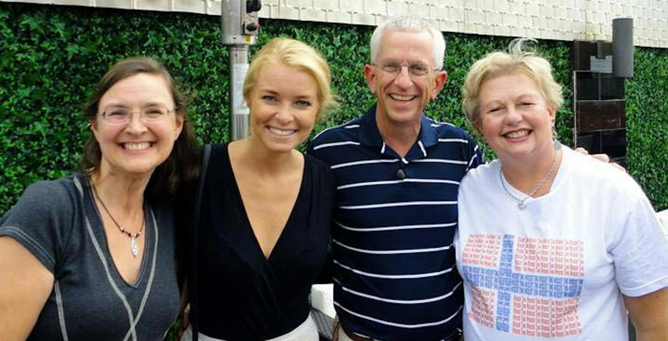 Kari Tauring, "Alt for Norge" show host henriette Bruusgaard, grant Aaseng and Deb Breberg, Minnesota contestants from the Norwegian reality show "Alt for Norge."