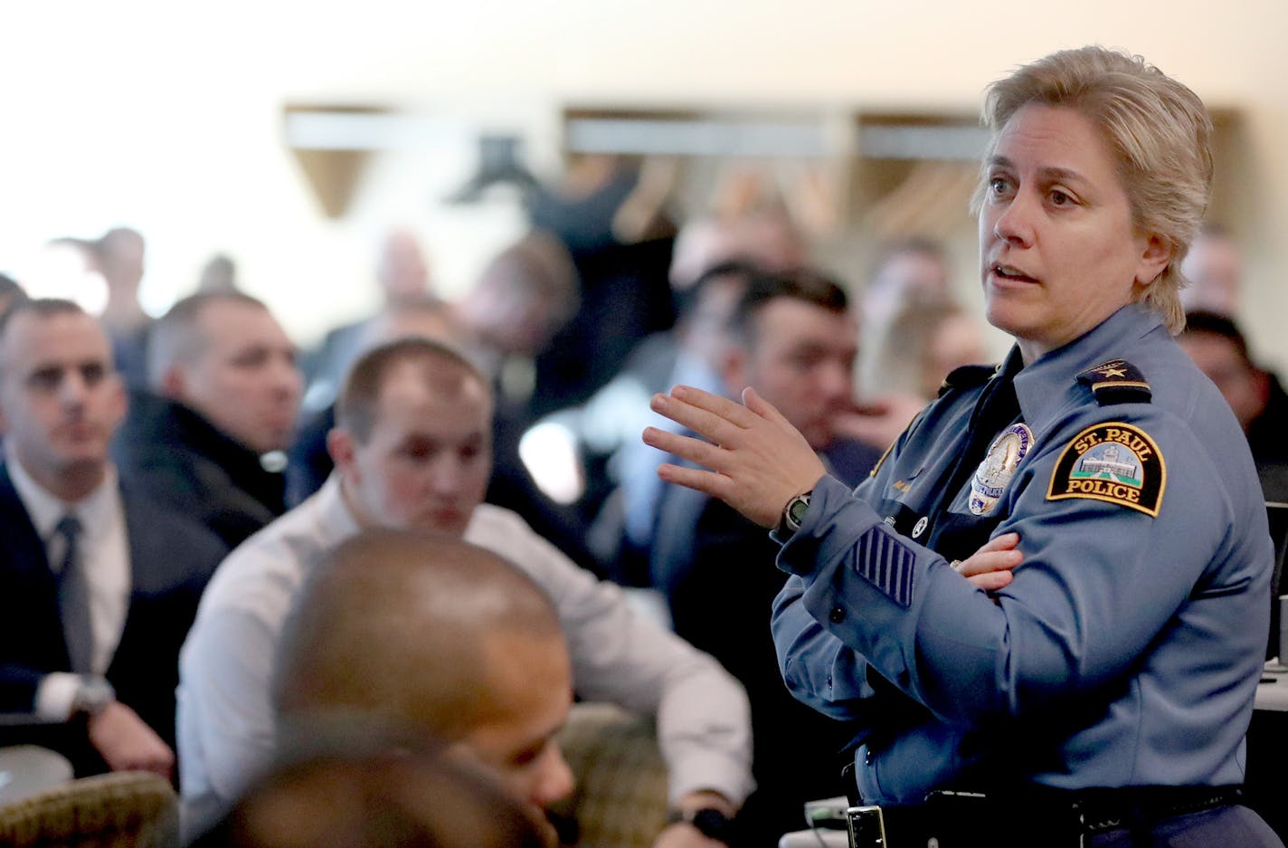 St. Paul Police Deputy Chief Mary Nash held an informational meeting at the Neighborhood House for people who are interested in learning how to become police officers Saturday, Jan. 14, 2017, at the in St. Paul, MN.](DAVID JOLES STARTRIBUNE)djoles@startribune.com St. Paul police are pushing to recruit and hire more women to diversify the department. Chief Todd Axtell has also said that female officers have far fewer use-of-force complaints than their male counterparts.