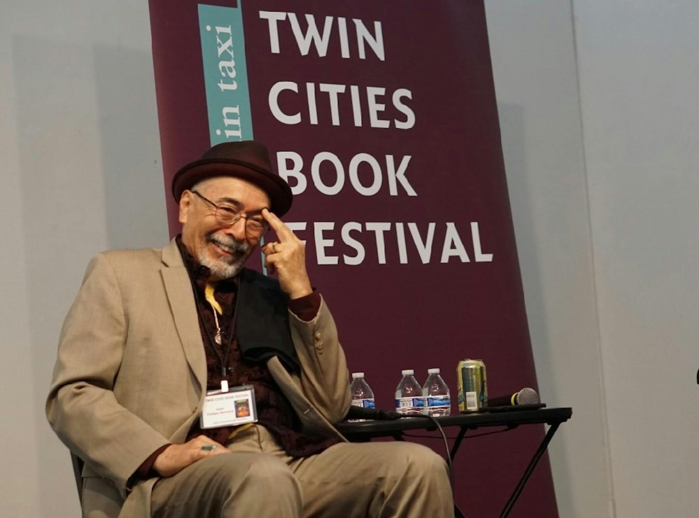 Former U.S. Poet Laureate Juan Felipe Herrera chuckles at a remark made by his friend, fellow poet Ray Gonzalez, at the Twin Cities Book Festival on Oct. 14, 2017.