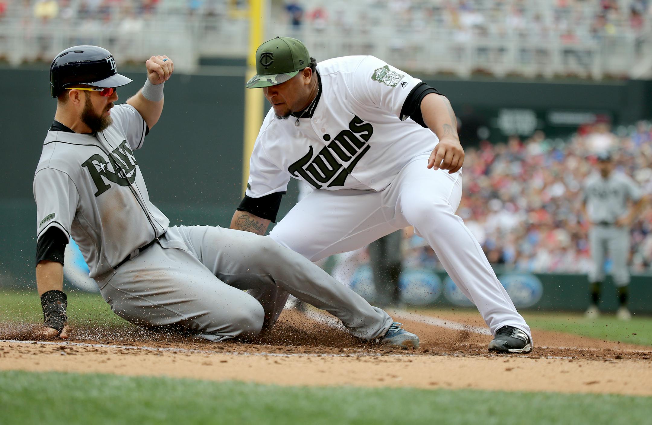 After throwing a wild pitch Minnesota Twins starter Adalberto Mejia covered home and took a throw to the plate by Twins catcher Chris Gimenez in time to nail a sliding Tampa Bay Rays Steven Souza Jr. during the 2nd inning Saturday, May 27, 2017, at Target Field in Minneapolis, MN.] DAVID JOLES � david.joles@startribune.com Tampa Bay at Twins