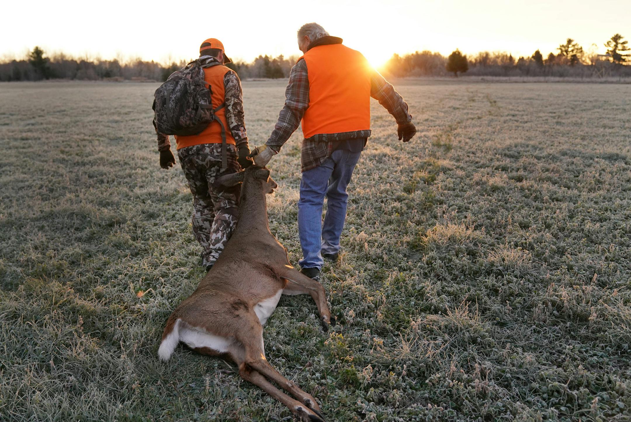Travis Pennings got some help from his uncle Dan Pennings dragging a deer he shot away from a prime hunting spot to be gutted in the early morning hours Saturday, Nov. 3 2018 during opening weekend of the season in Sandstone, Minn. ] ANTHONY SOUFFLE &#x2022; anthony.souffle@startribune.com Travis Pennings is one of a growing number in Minnesota and across America who took up hunting for food, to supplant meat produced by industrial agriculture hunted. The outdoors has become the scene of a stran