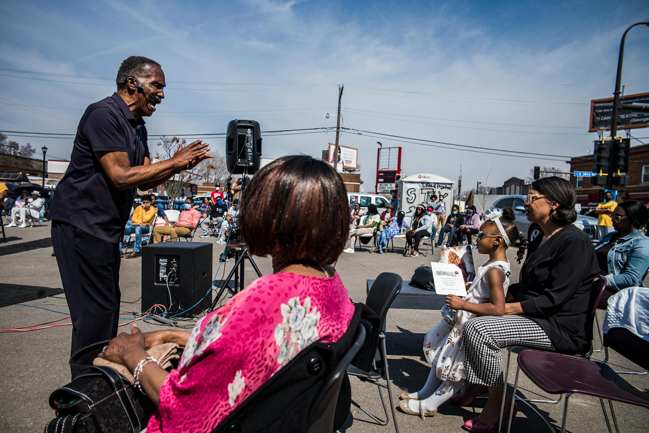 On April 4, 2021, at George Floyd Square, Pastor Curtis Farrar of the Worldwide Outreach For Christ Ministries preached about George Floyd and social justice.