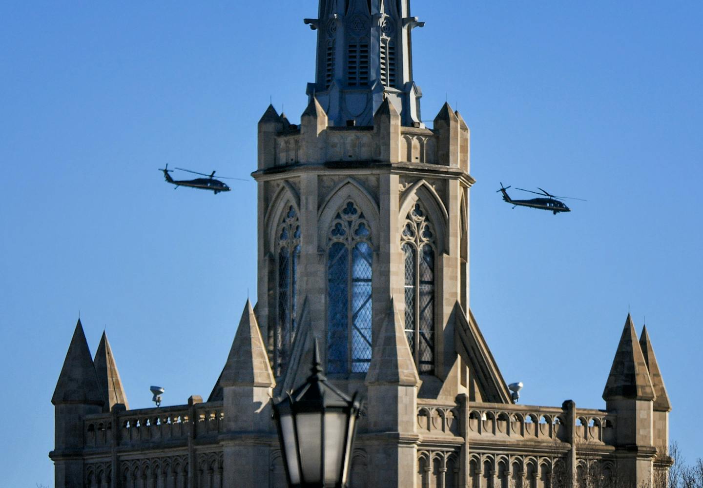 Military helicopters passing Hennepin Avenue United Methodist Church Monday afternoon. ] GLEN STUBBE &#x2022; glen.stubbe@startribune.com Monday, January 29, 2018 Short item on increased military presence downtown. Look for increased military presence along Nicollet Mall or elsewhere downtown.