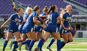 Players celebrate on the field after Holy Angels Stars forward Audrey Garton (9), far right, scores against Totino-Grace in the second half of a State