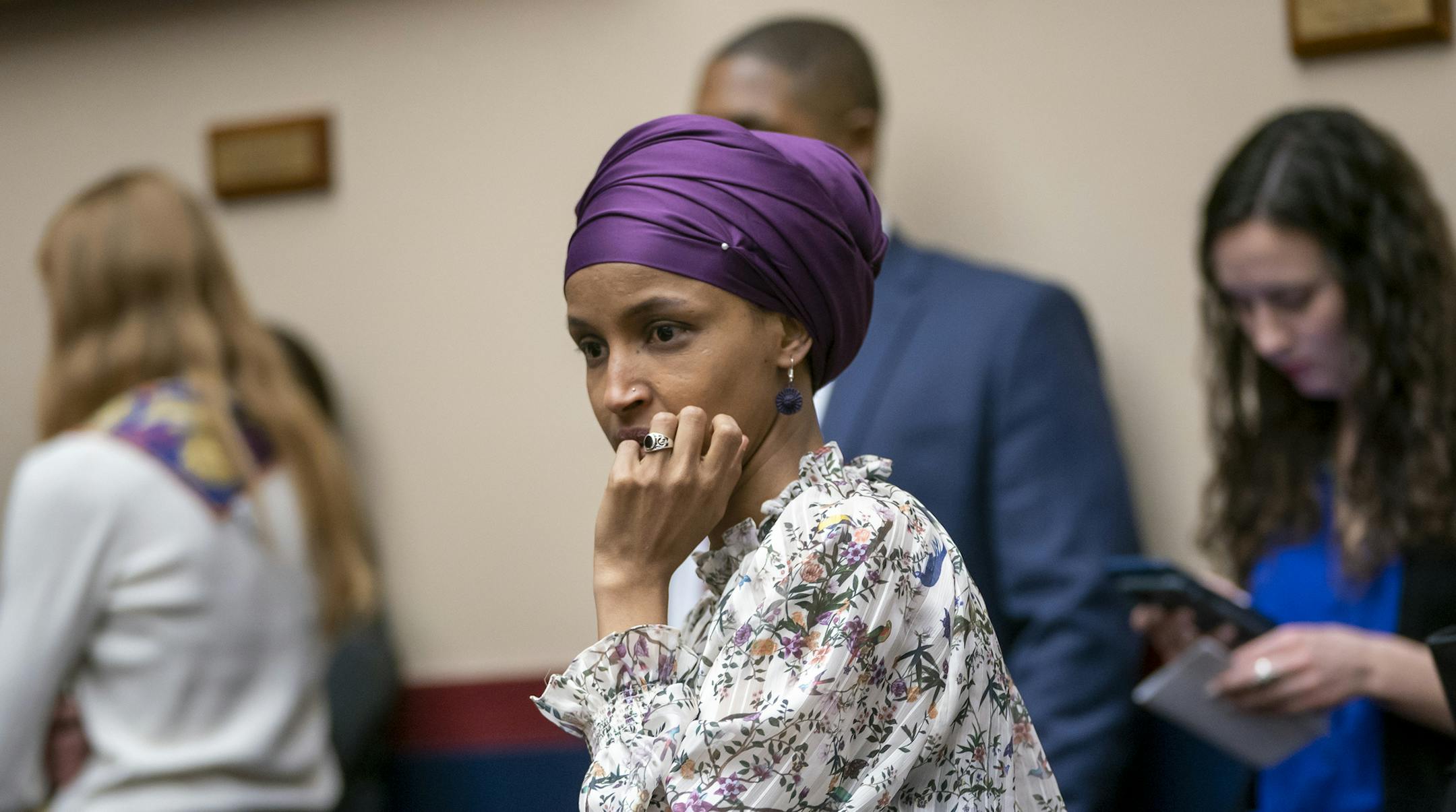 Rep. Ilhan Omar, D-Minn., arrives at the House Education and Labor Committee during a bill markup, on Capitol Hill in Washington, Wednesday, March 6, 2019. Omar stirred controversy last week saying that Israel's supporters are pushing U.S. lawmakers to take a pledge of "allegiance to a foreign country." Omar is not apologizing for that remark, and progressives are supporting her. (AP Photo/J. Scott Applewhite)