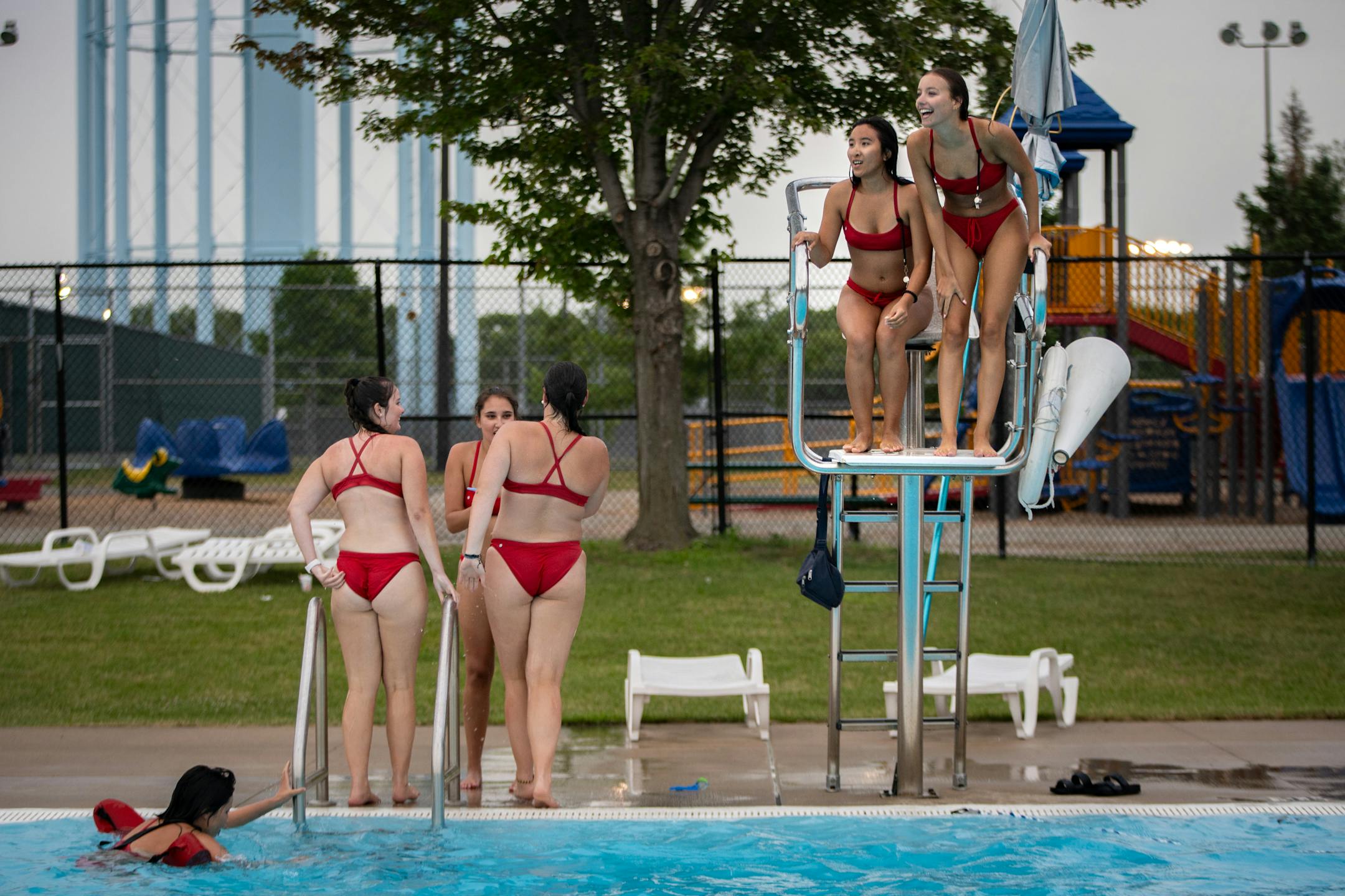 Lifeguard students watch for rule-breaking during a training drill.