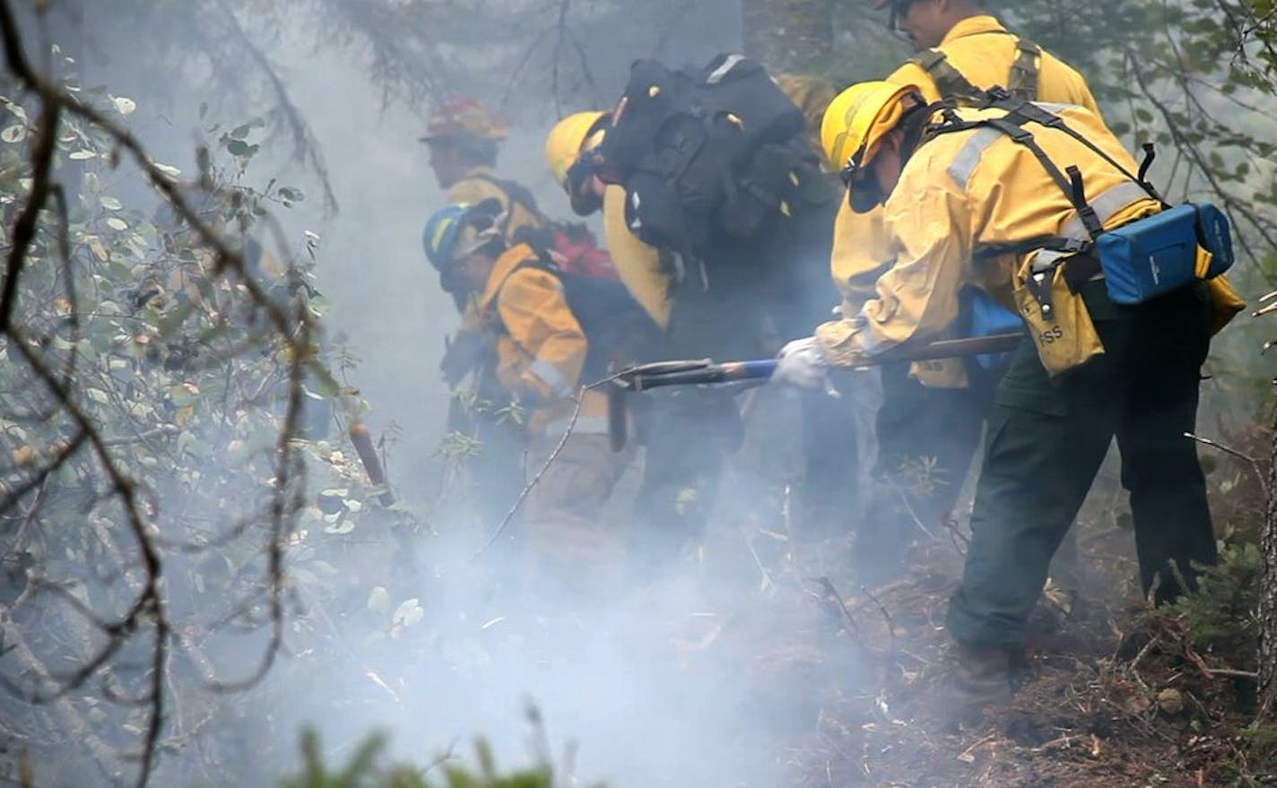 Fire crews dig a fire line on the southern edge of the Pagami Creek Fire, north of Isabella and just south of the BWCA border Tuesday afternoon.