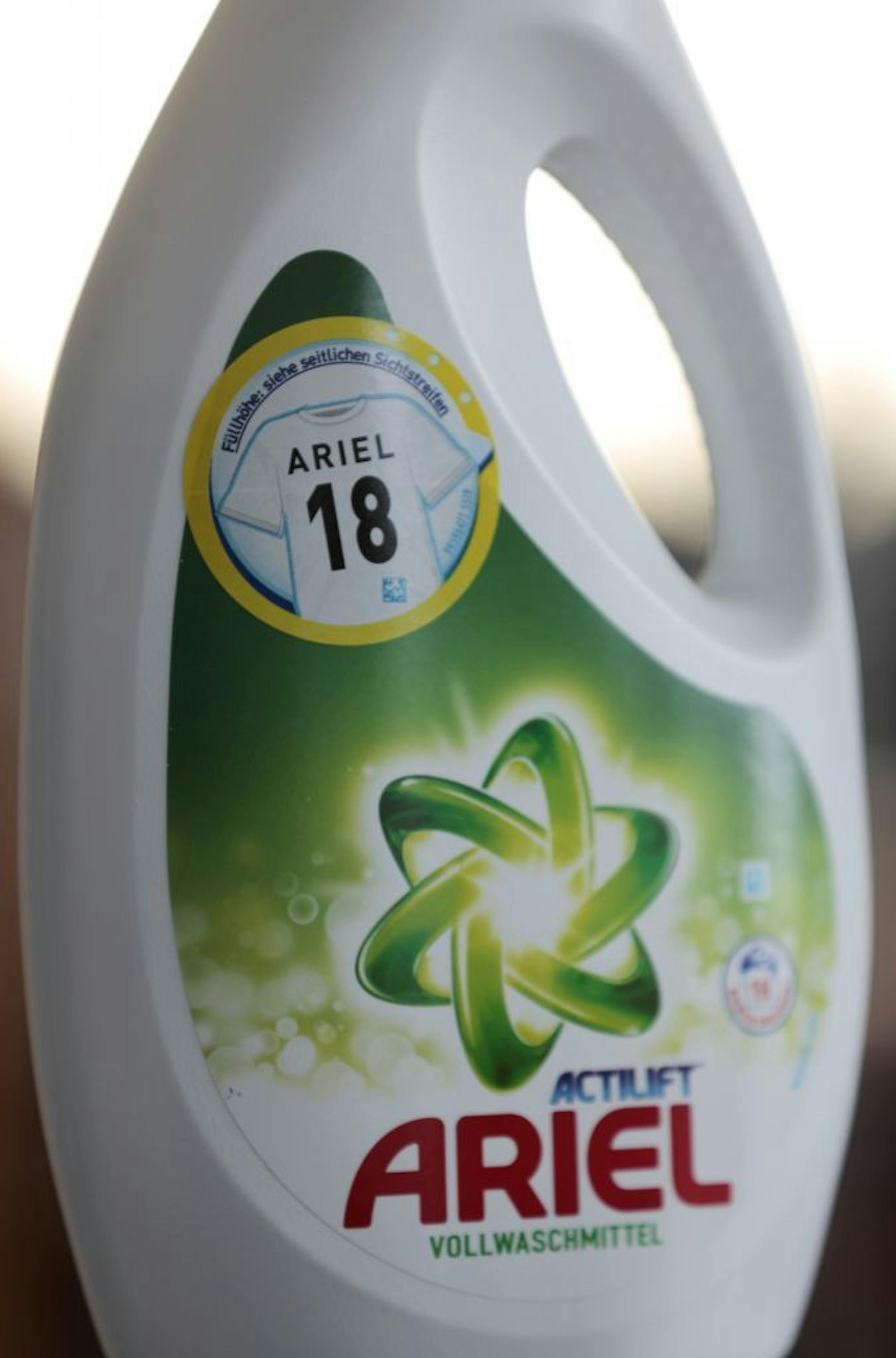 An Ariel liquid detergent bottle with an '18' on it sits in Berlin Germany, Friday, May 9, 2014.