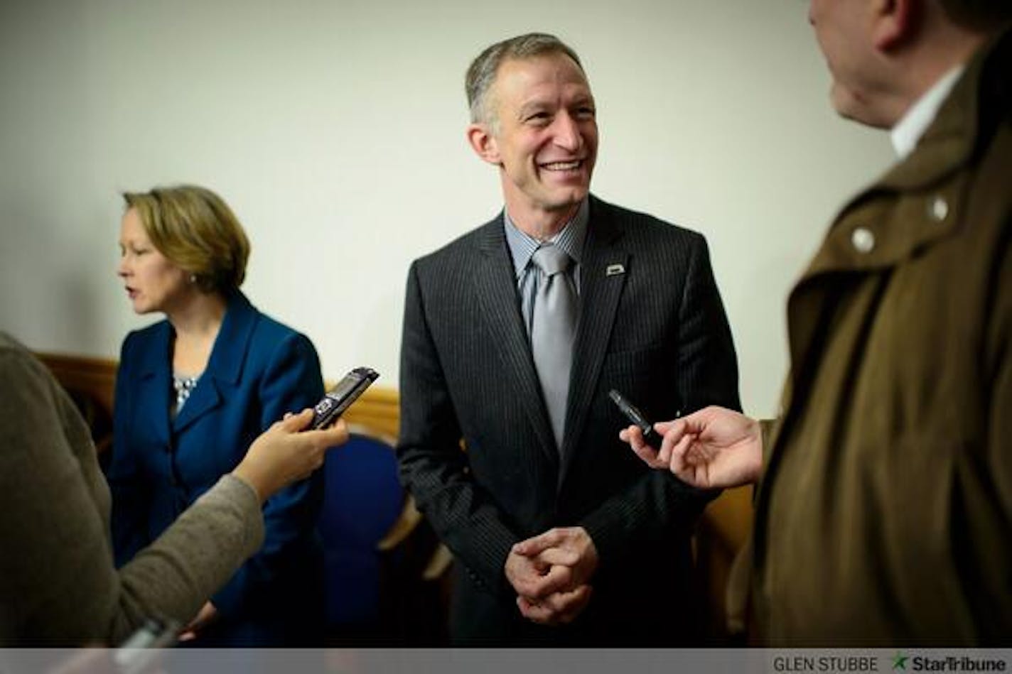 Rep. Jennifer Loon and Sen. Roger Reinert teamed up Thursday to introduce seven new liquor bills. Star Tribune photo by Glen Stubbe.