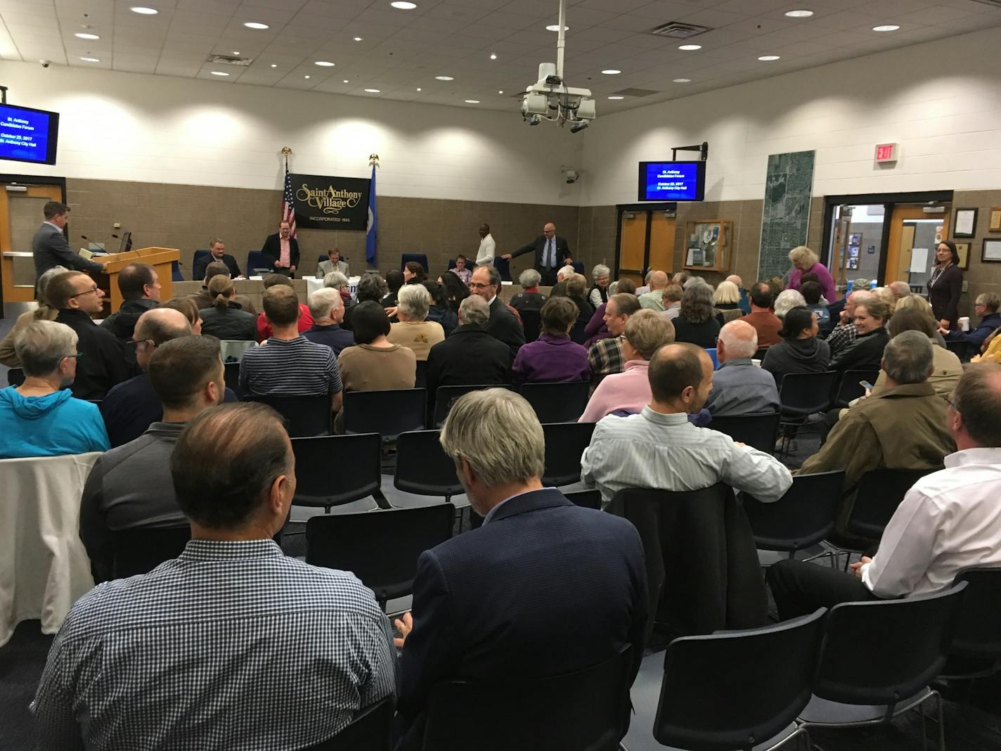 About 100 people crowded into St. Anthony City Hall recently to hear a candidate forum for City Council hopefuls.