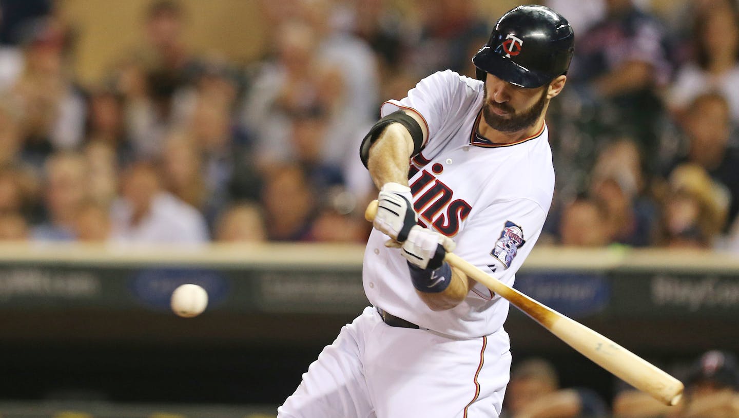 Minnesota Twins first baseman Joe Mauer (7) hit a RBI double in the third inning at Target Field Tuesday September 22, 2015 in Minneapolis, MN. ] The Minnesota Twins hosted the Cleveland Indians . Jerry Holt/ Jerry.Holt@Startribune.com