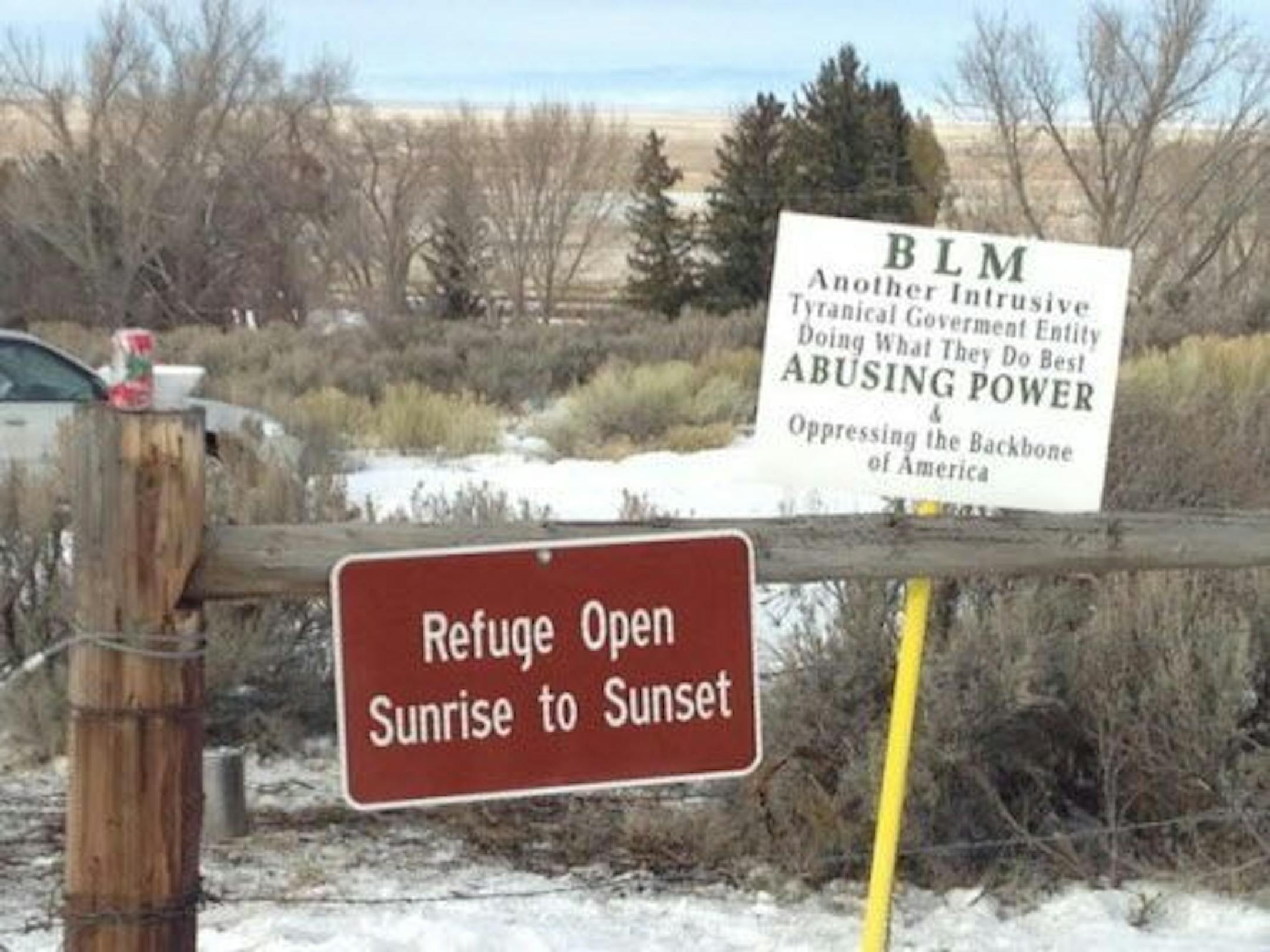 Signs at the Malheur Wildlife Refuge in Oregon, Jan. 3, 2015. Protesters upset with the prosecution of two ranchers and government land management practices have occupied government buildings on the refuge.