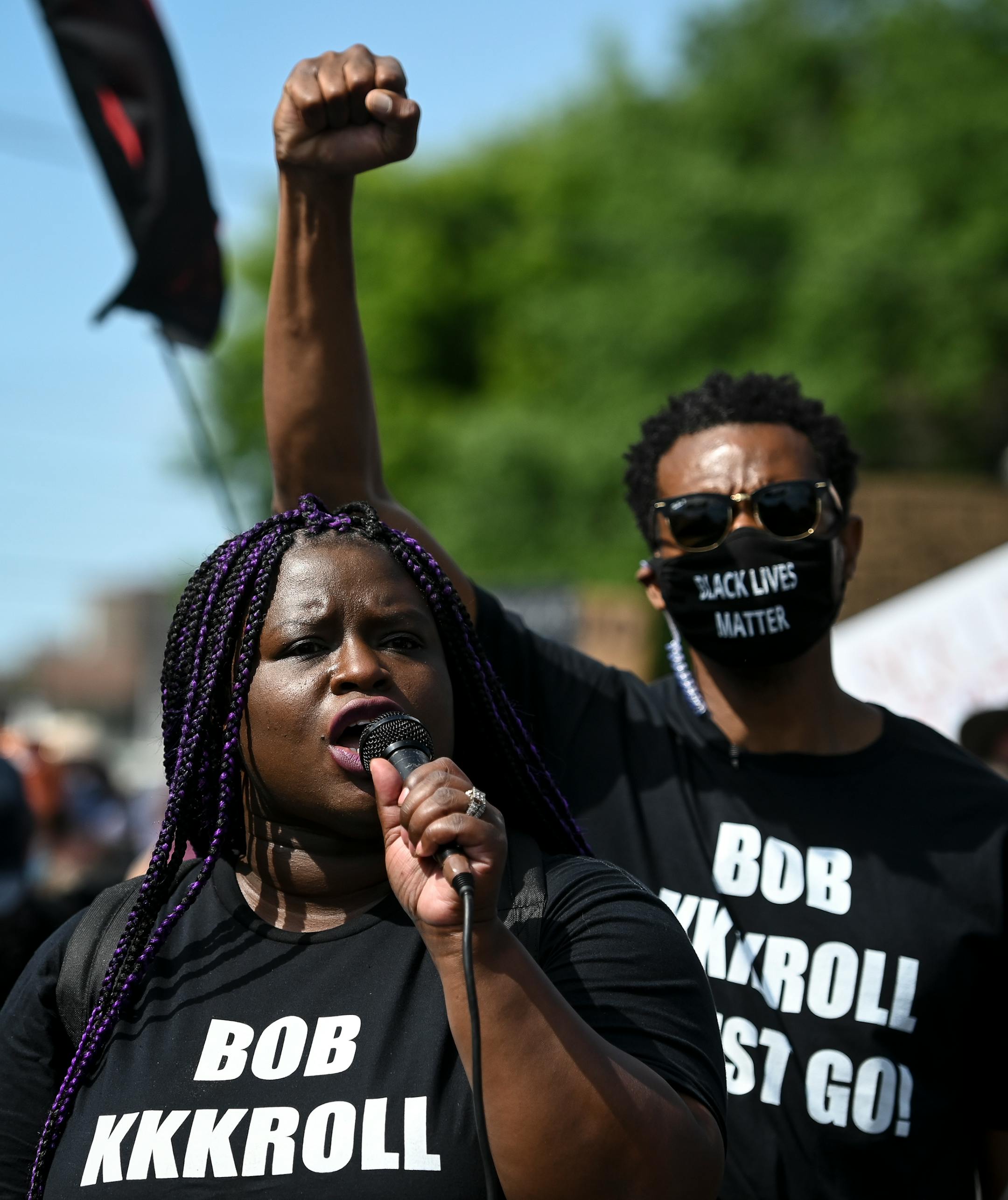 Nekima Levy-Armstrong spoke to supporters outside the Minneapolis Police Union headquarters Friday. ]
aaron.lavinsky@startribune.com Protesters took part in a "Bob KKKroll Must Go!" rally against the Minneapolis Police Union and its president outside the union headquarters on Friday, June 12, 2020 in Minneapolis, Minn.