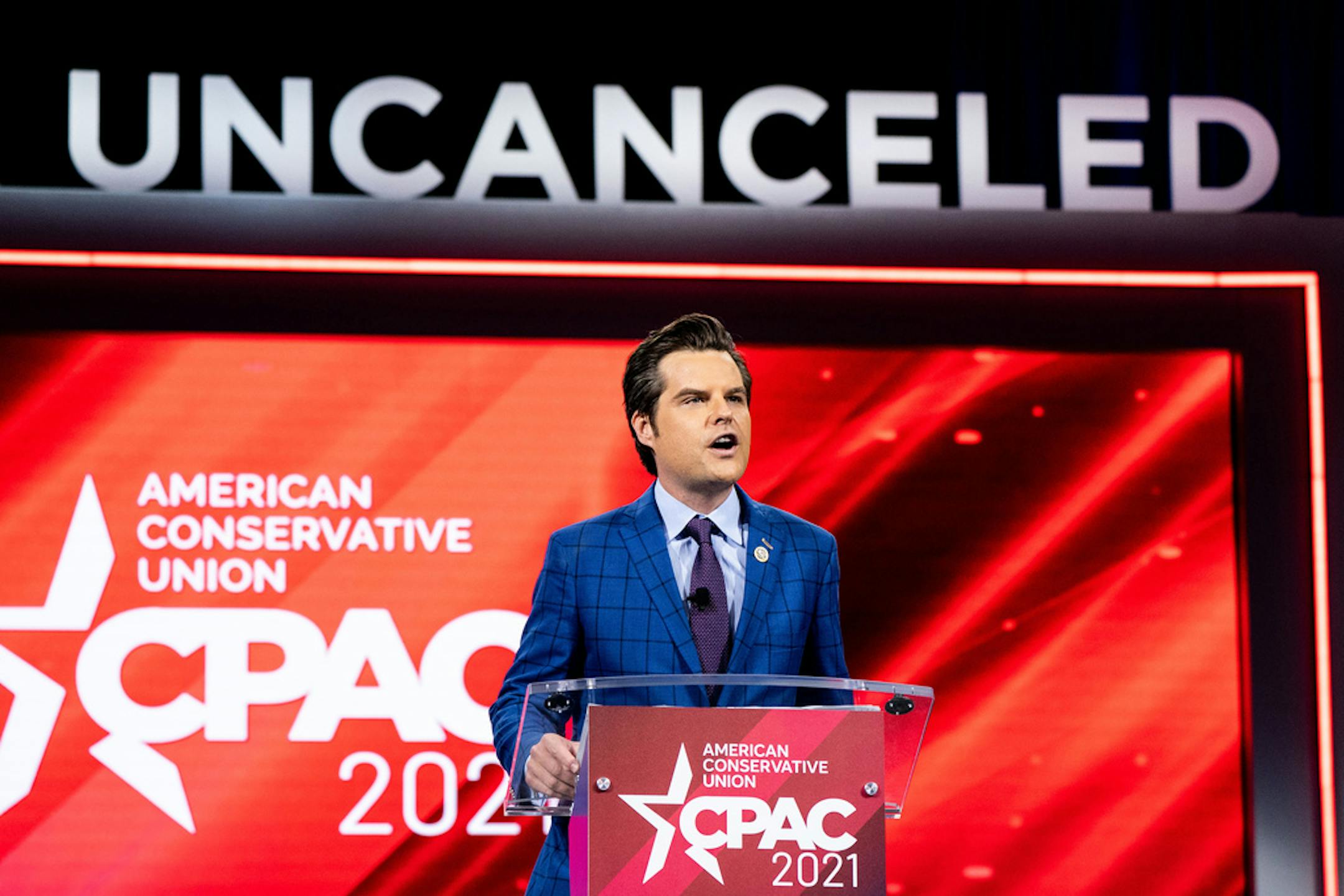 FILE — Rep. Matt Gaetz (R-Fla.) speaks at the Conservative Political Action Conference in Orlando, Fla., Feb. 26, 2021. Gaetz is being investigated by the Justice Department over whether he had a sexual relationship with a 17-year-old and paid for her to travel with him, according to three people briefed on the matter. (Erin Schaff/The New York Times)