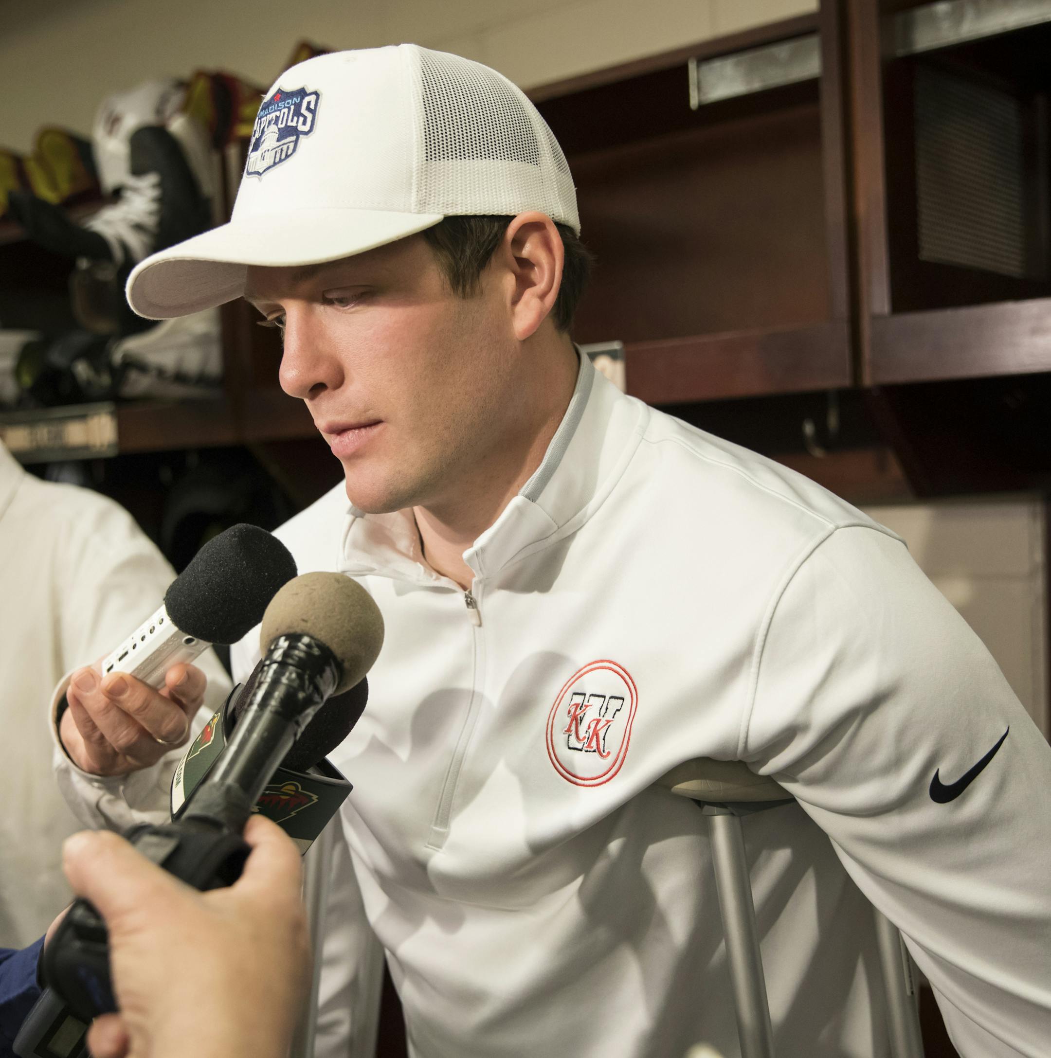 Minnesota Wild's Ryan Suter, walking on crutches, spoke in the locker room about the end of the season and the firing of general manager Chuck Fletcher at the Xcel Energey Center on Monday, April 23, 2018, in St. Paul, Minn. ] RENEE JONES SCHNEIDER &#x2022; renee.jones@startribune.com
