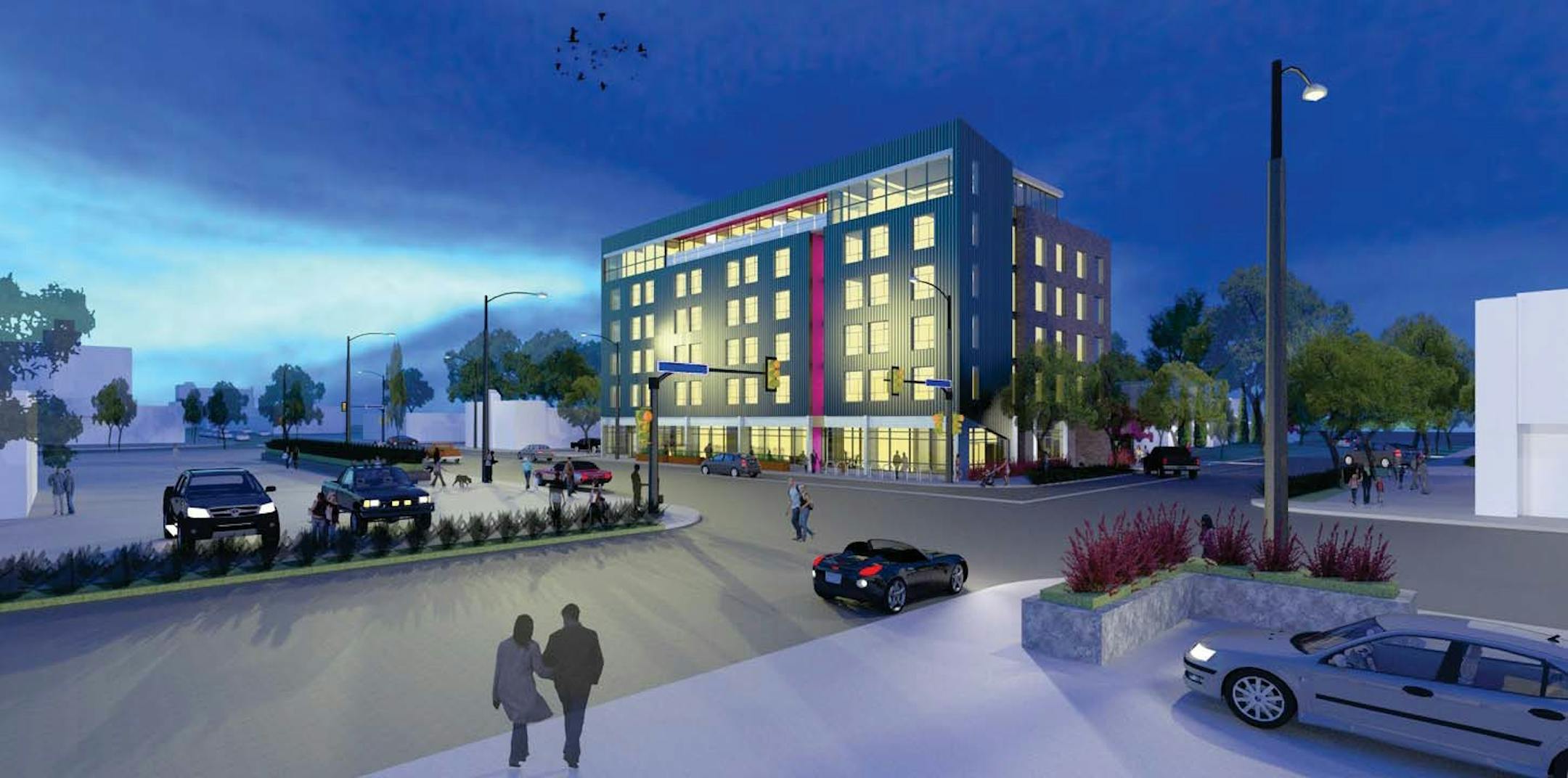 Renderings of a proposed hotel on Lake Street and Emerson avenues.