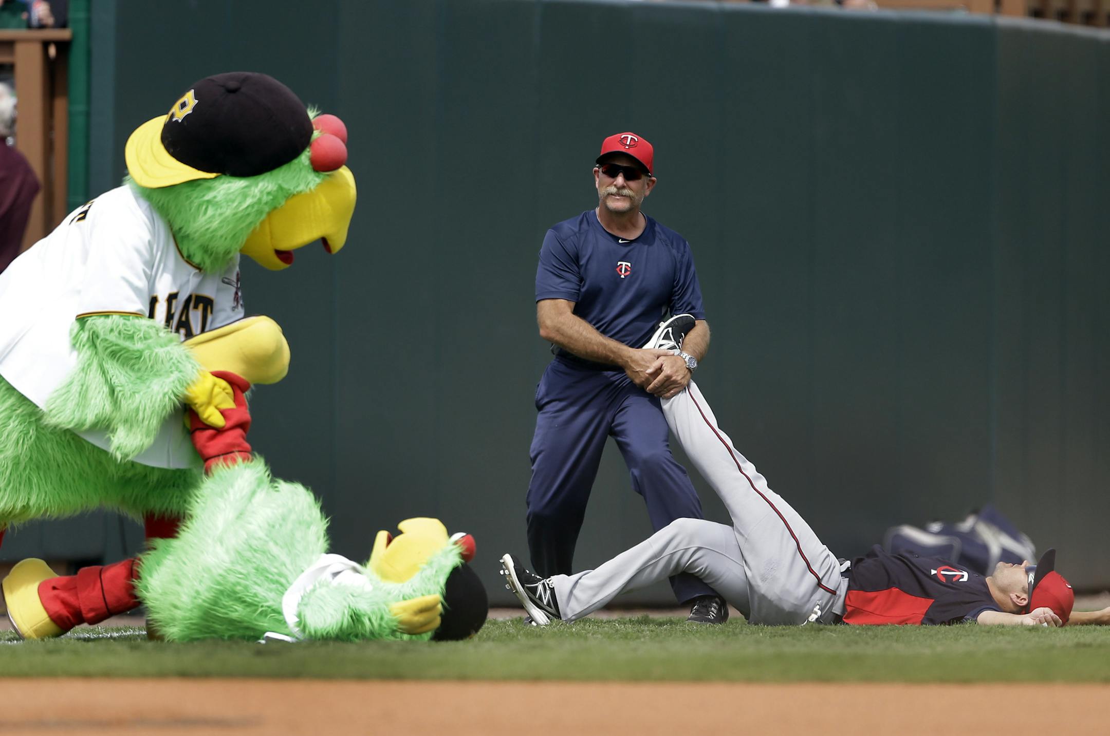 The Pittsburgh Pirates parrot mascot stretches out Lil Parrot's legs imitating Minnesota Twins center fielder Darin Mastroianni as he is stretched before an exhibition spring training baseball game, Saturday, March 9, 2013 in Bradenton, Fla. (AP Photo/Carlos Osorio)
