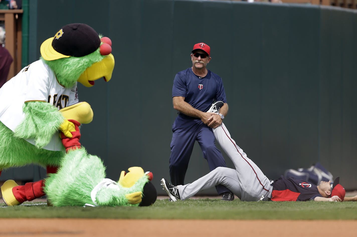The Pittsburgh Pirates parrot mascot stretches out Lil Parrot's legs imitating Minnesota Twins center fielder Darin Mastroianni as he is stretched before an exhibition spring training baseball game, Saturday, March 9, 2013 in Bradenton, Fla. (AP Photo/Carlos Osorio)
