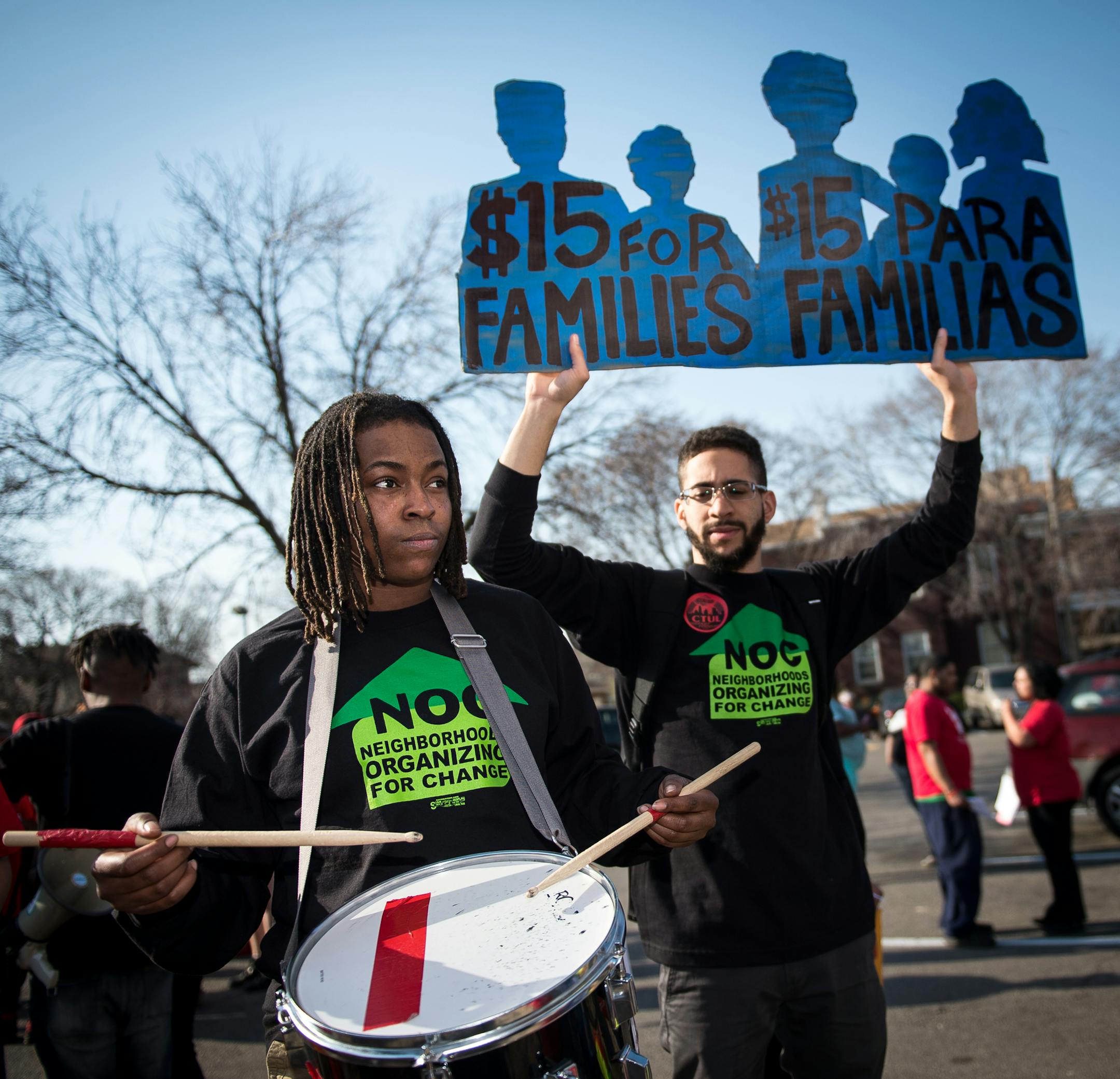 Sondra Jones, left, and Anthony Shields, with Neighborhoods Organizing for Change, demonstrated outside McDonalds on April 14 during a fast food workers' strike organized by CTUL.