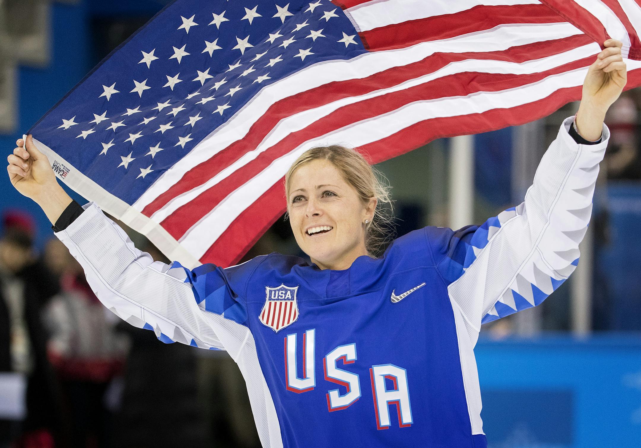 USA player Gigi Marvin celebrates after defeating Canada in the gold-medal game at Gangneung Hockey Centre on Thursday, Feb. 22, 2018, in Pyeongchang, South Korea, during the Pyeongchang Winter Olympics. (Carlos Gonzalez/Minneapolis Star Tribune/TNS) ORG XMIT: 1224279