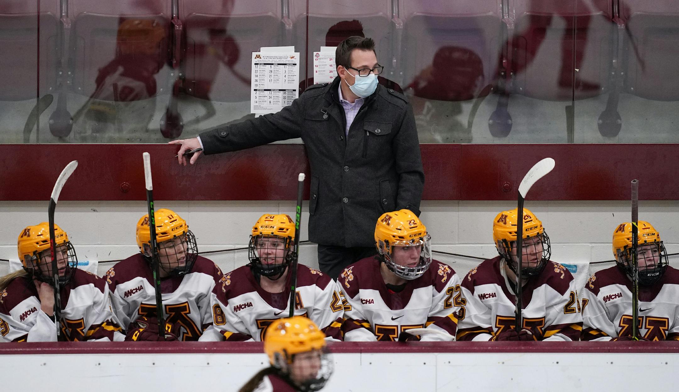Gophers women's hockey coach Brad Frost watched from the bench last weekend vs. Ohio State.