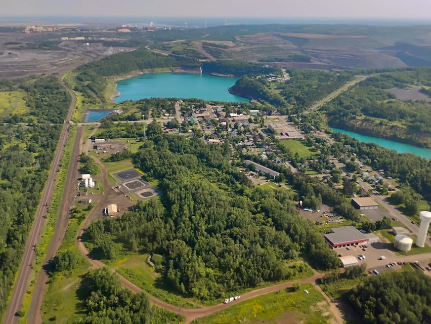 An aerial view of the land around Mountain Iron, consumed by the mine and its waste material.