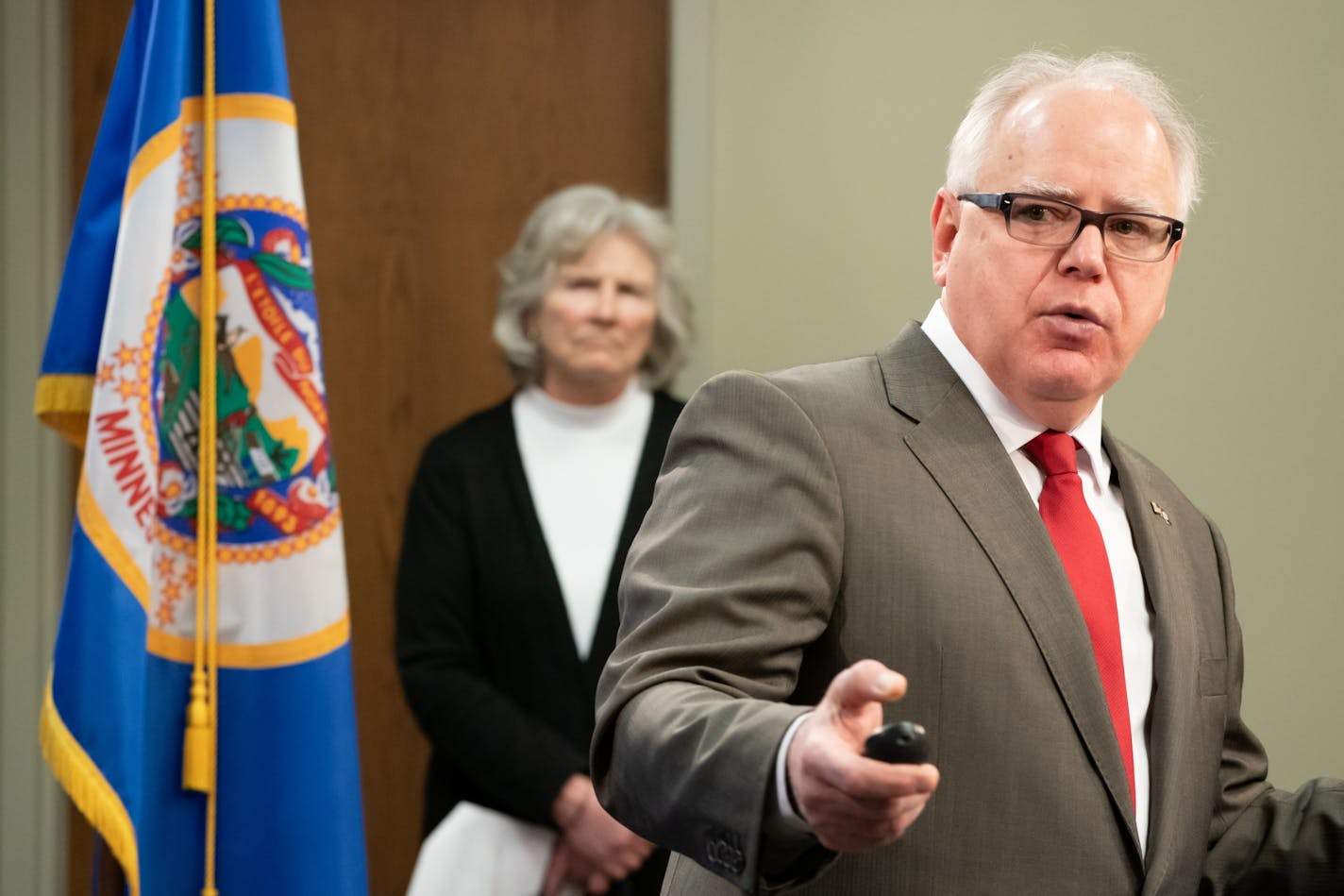 In a tightly pooled press conference, Minn. Governor Walz provided an update on the state's next steps to respond to COVID-19. He was joined by Health Commissioner Jan Malcolm, Employment and Economic Development Commissioner Steve Grove, and Homeland Security and Emergency Management Director Joe Kelly and other state officials.