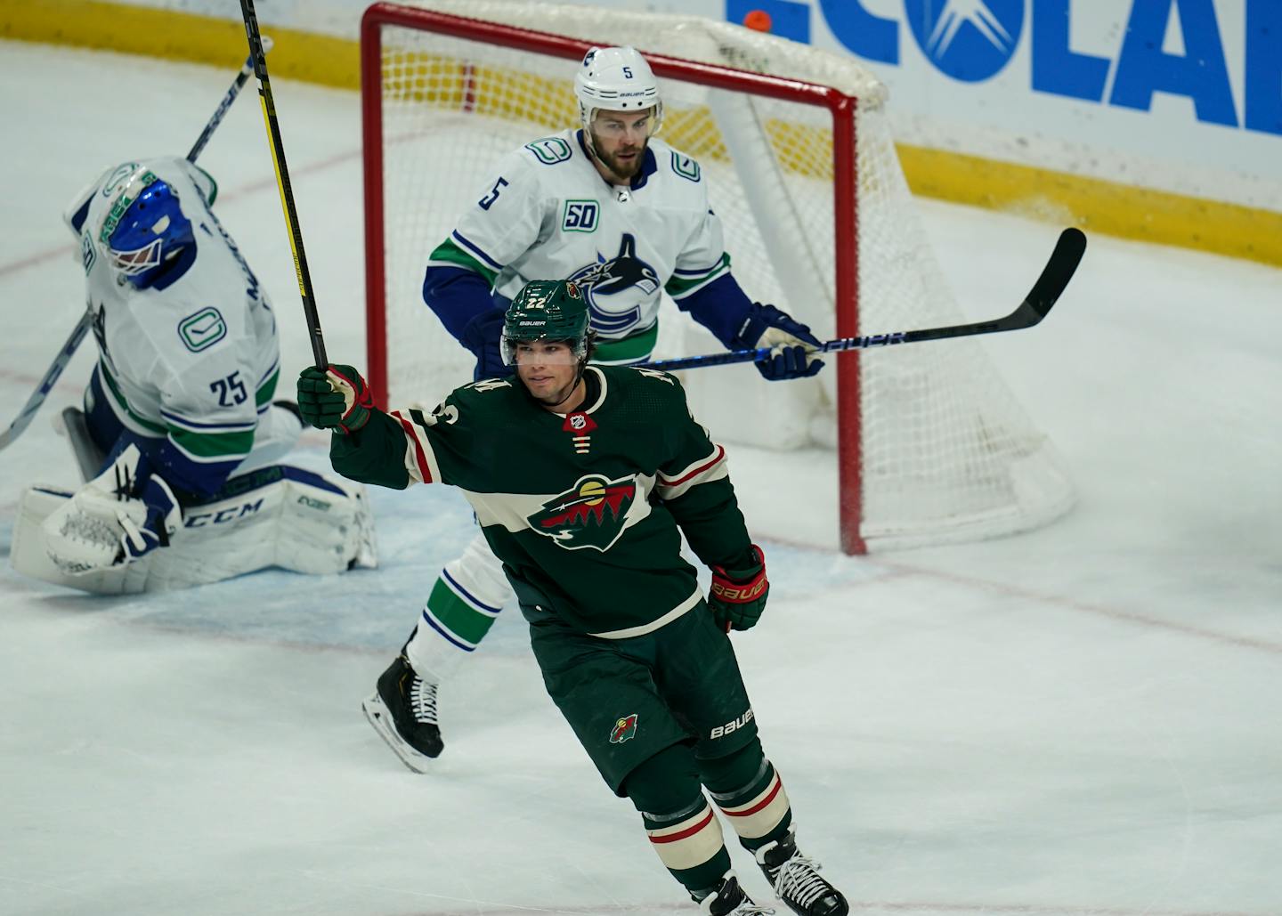 Wild left wing Kevin Fiala celebrated after scoring the third goal for the Wild in the first period.