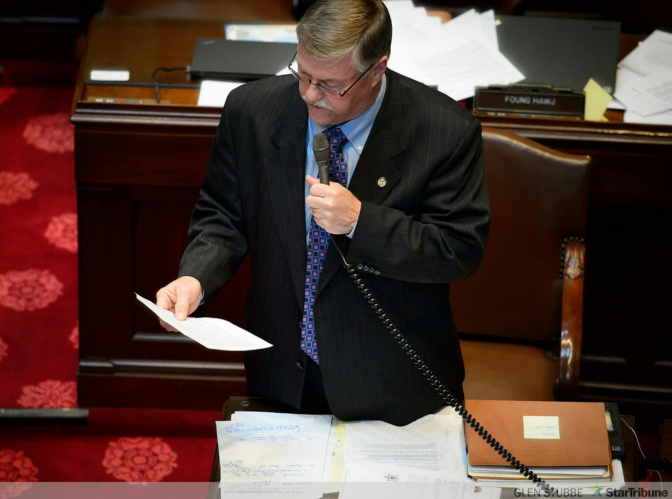 Senator Bill Ingebrigtsen called on various legislators in the Senate Chamber to ask them if they had talked to law enforcement officials in their districts as he argued against the medical marijuana bill.     ]      Tuesday, May 6, 2014   GLEN STUBBE * gstubbe@startribune.com