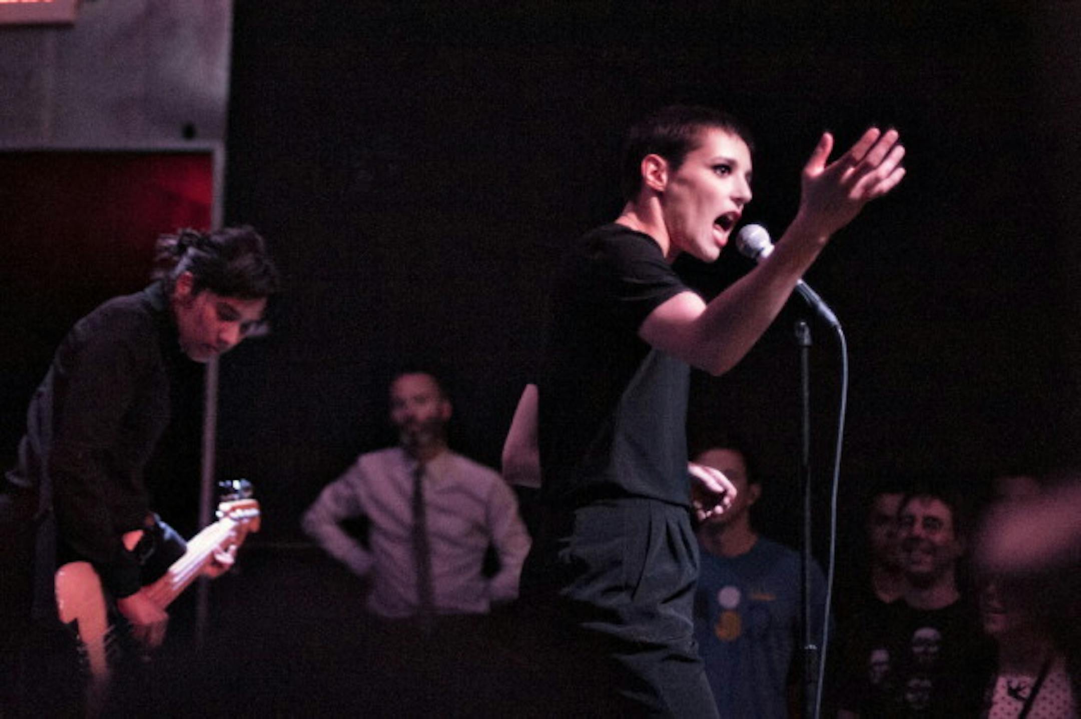 Bassist Ayse Hassan and singer Jehnny Beth were dressed all in black and bathed in stark, white lights at Savages' Triple Rock gig in July, a color scheme that carried over to Tuesday's performance at First Avenue. / Photo by Leslie Plesser