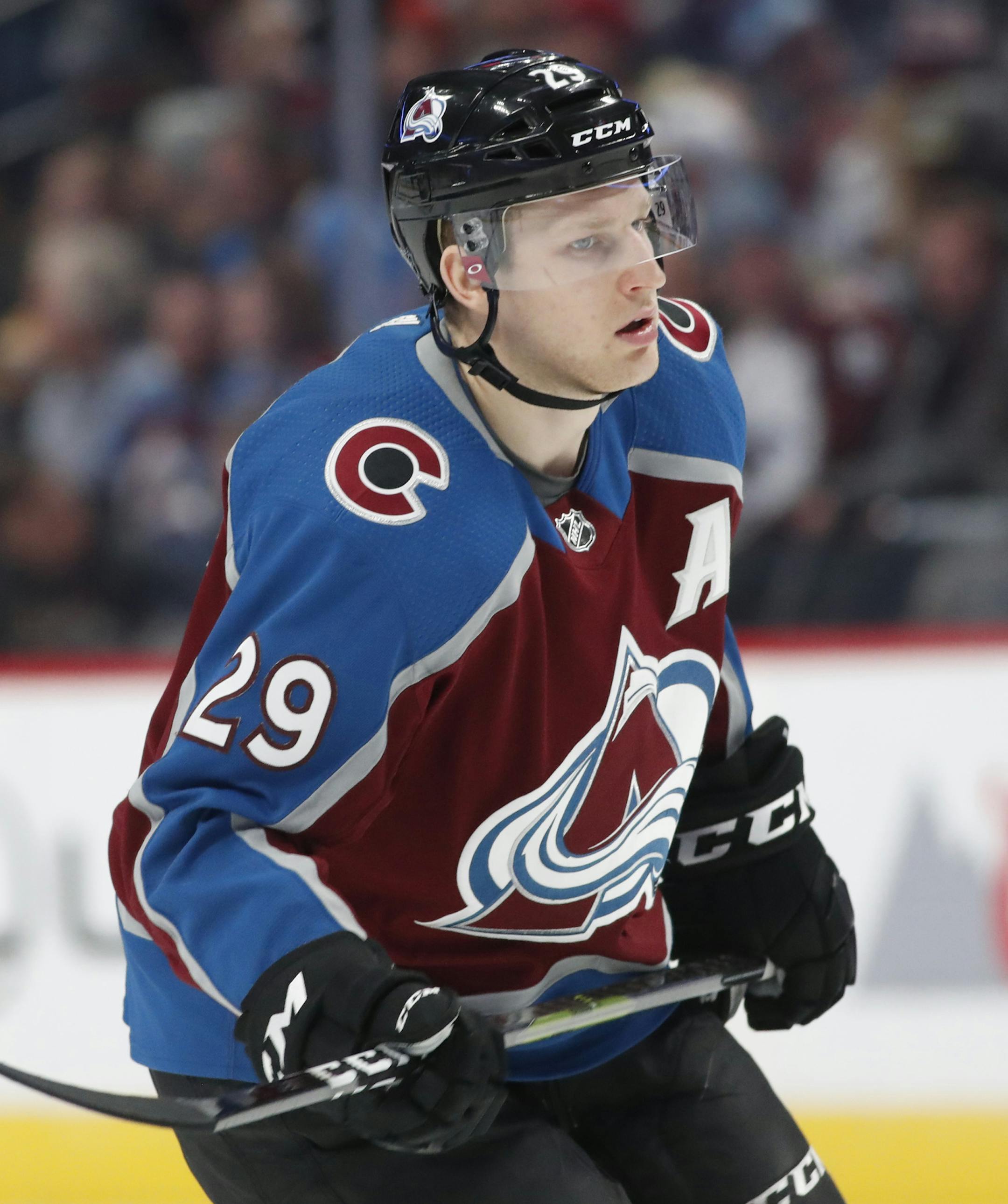 Colorado Avalanche center Nathan MacKinnon (29) in the second period of an NHL hockey game Wednesday, Oct. 30, 2019, in Denver. (AP Photo/David Zalubowski)