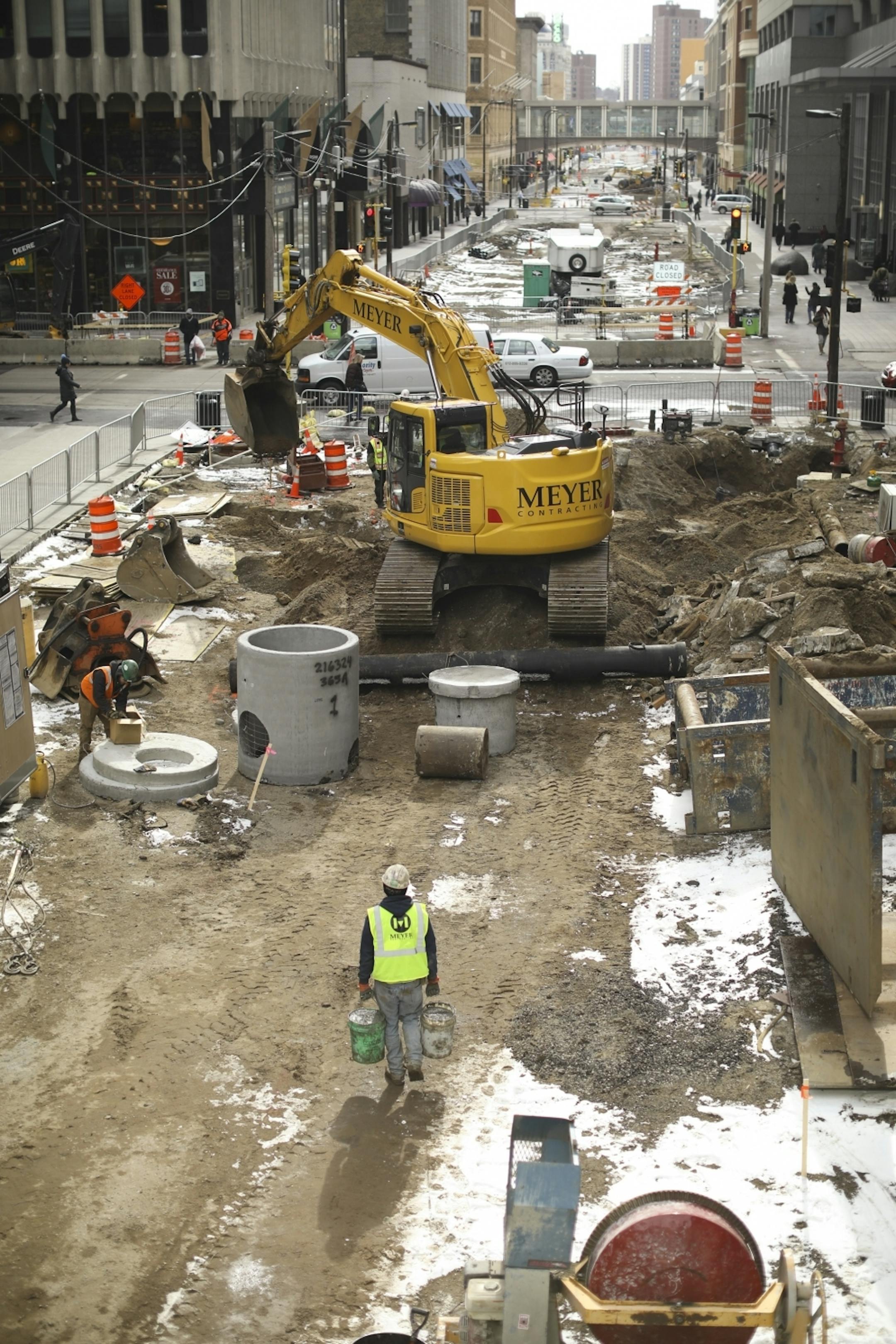 Ongoing construction work on the Nicollet Mall at S. 8th St. Wednesday afternoon.