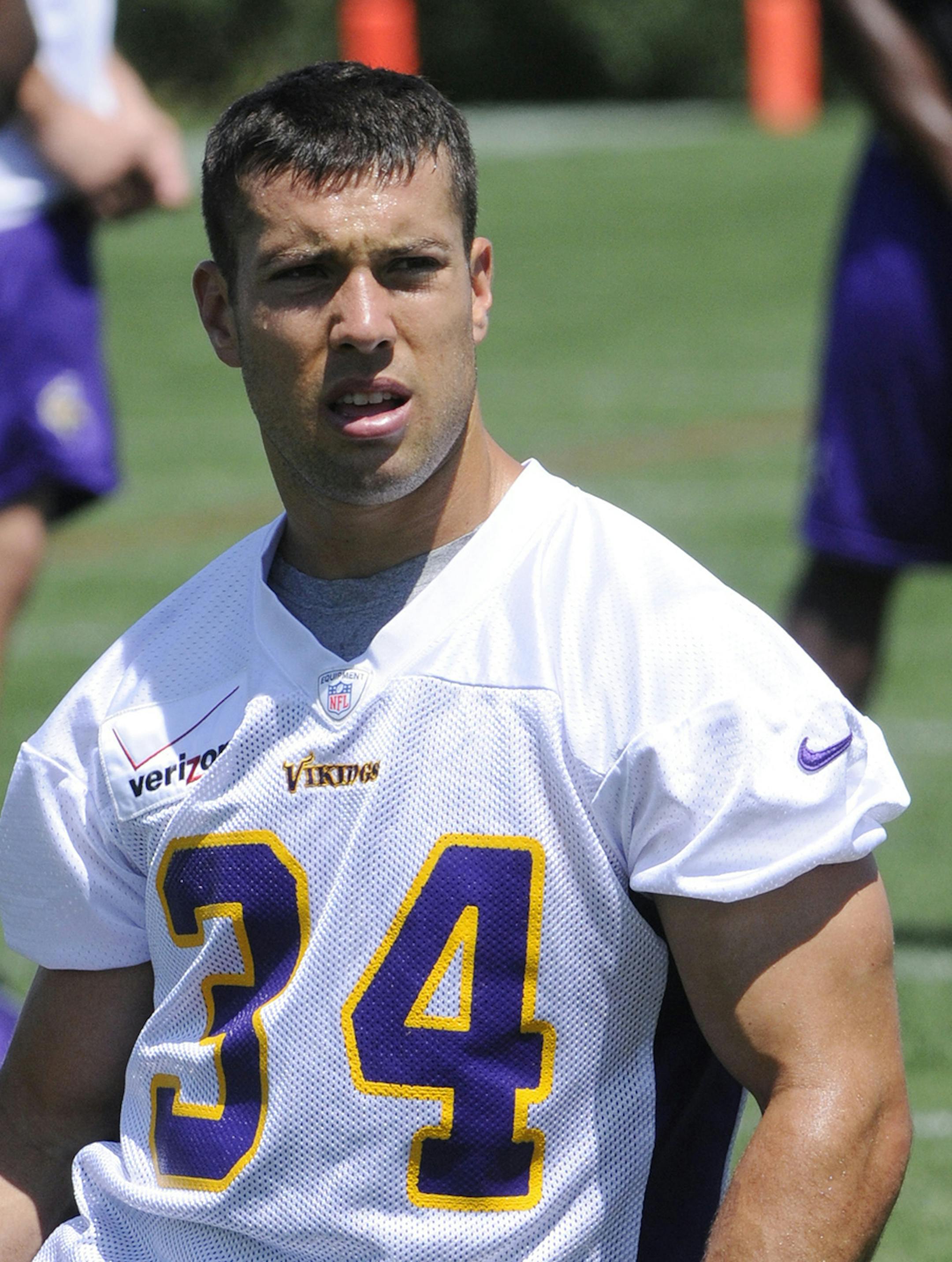 Minnesota Vikings NFL football safety Andrew Sendejo is shown during minicamp Thursday, June 21, 2012, in Eden Prairie, Minn. (AP Photo/Jim Mone) ORG XMIT: MNJM10