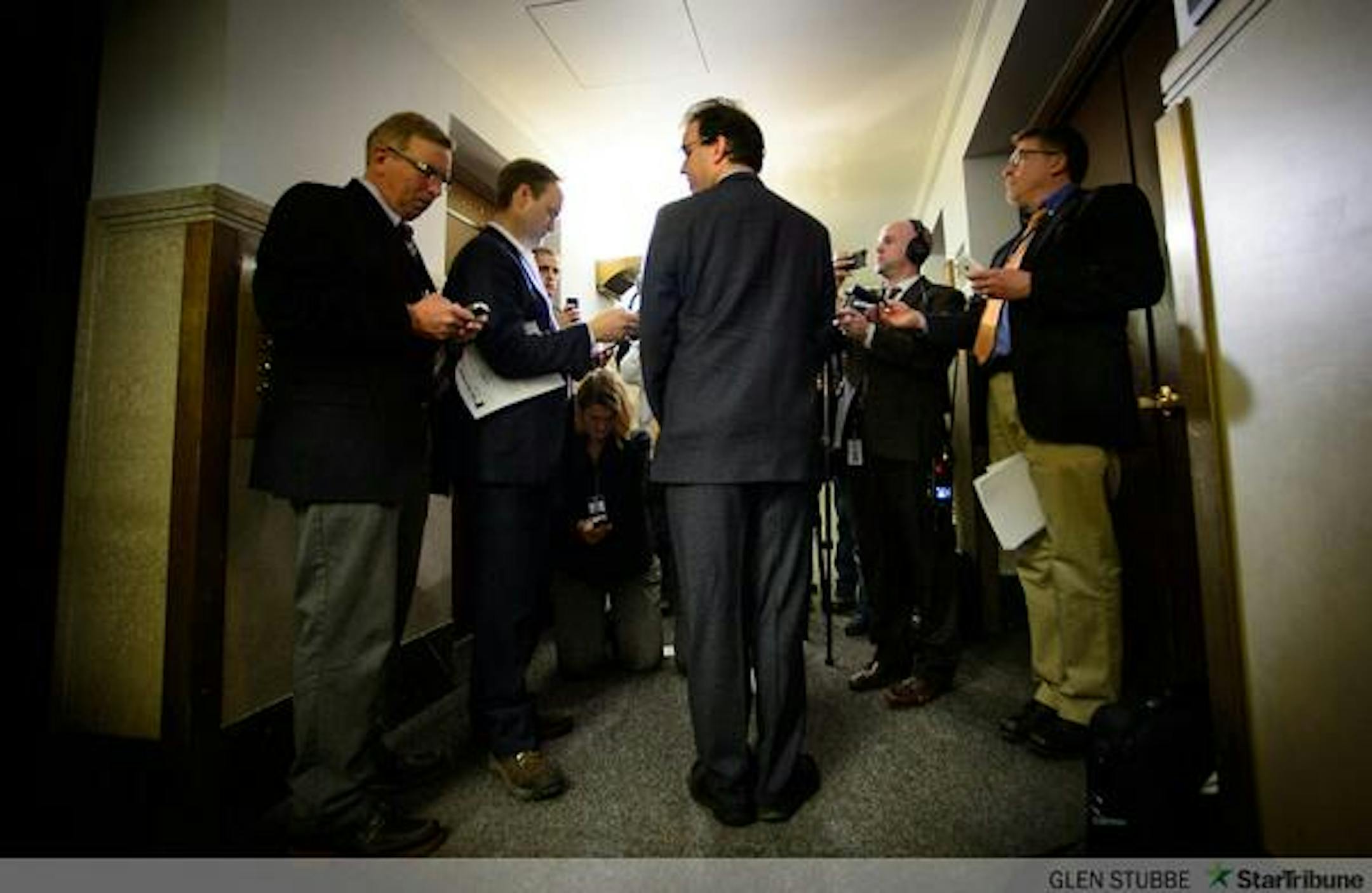 Rep. Pat Garofalo faces the cameras to apologize for an insulting tweet. Star Tribune photo by Glen Stubbe.