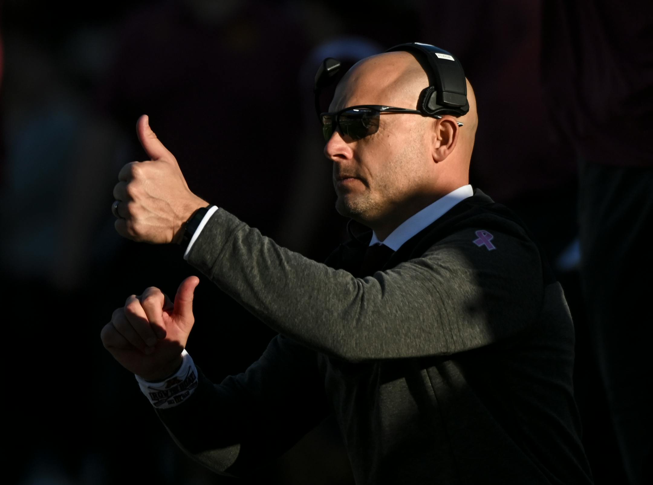 Minnesota Golden Gophers head coach P.J. Fleck gives his players a thumbs up during the second half.