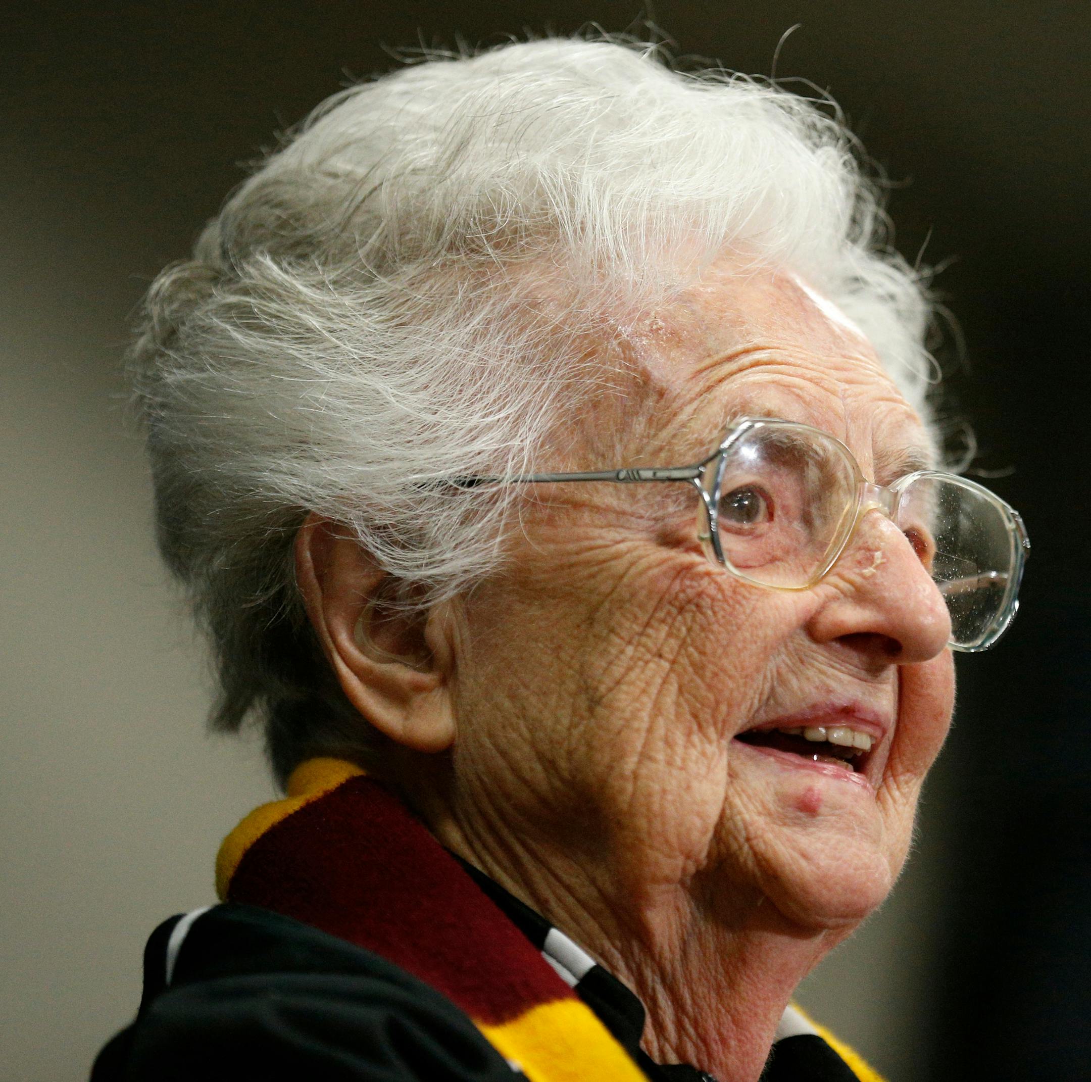 Loyola's Sister Jean Dolores Schmidt answers questions during a news conference for the Final Four NCAA college basketball tournament, Friday, March 30, 2018, in San Antonio. (AP Photo/Brynn Anderson)