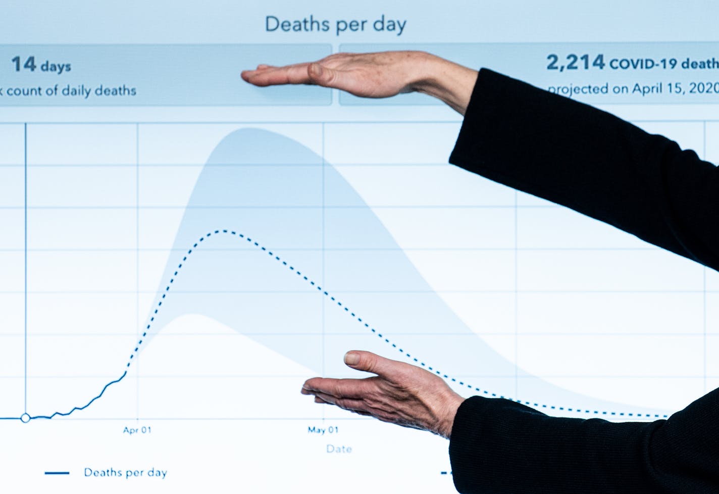 FILE -- Dr. Deborah Birx shows a chart projecting expected deaths per day from the coronavirus during a briefing at the White House in Washington, March 31, 2020. A highly regarded infectious diseases expert, Birx was a constant source of upbeat news for the president and his aides, walking the halls with charts emphasizing that outbreaks were gradually easing. (Erin Schaff/The New York Times) ORG XMIT: XNYT49