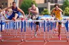 Coming in first, second and third left to right in the boys 110 meter hurdles are Tayven Peterson from Mora, Corbin Herron from St. Peter and Jonah Mc