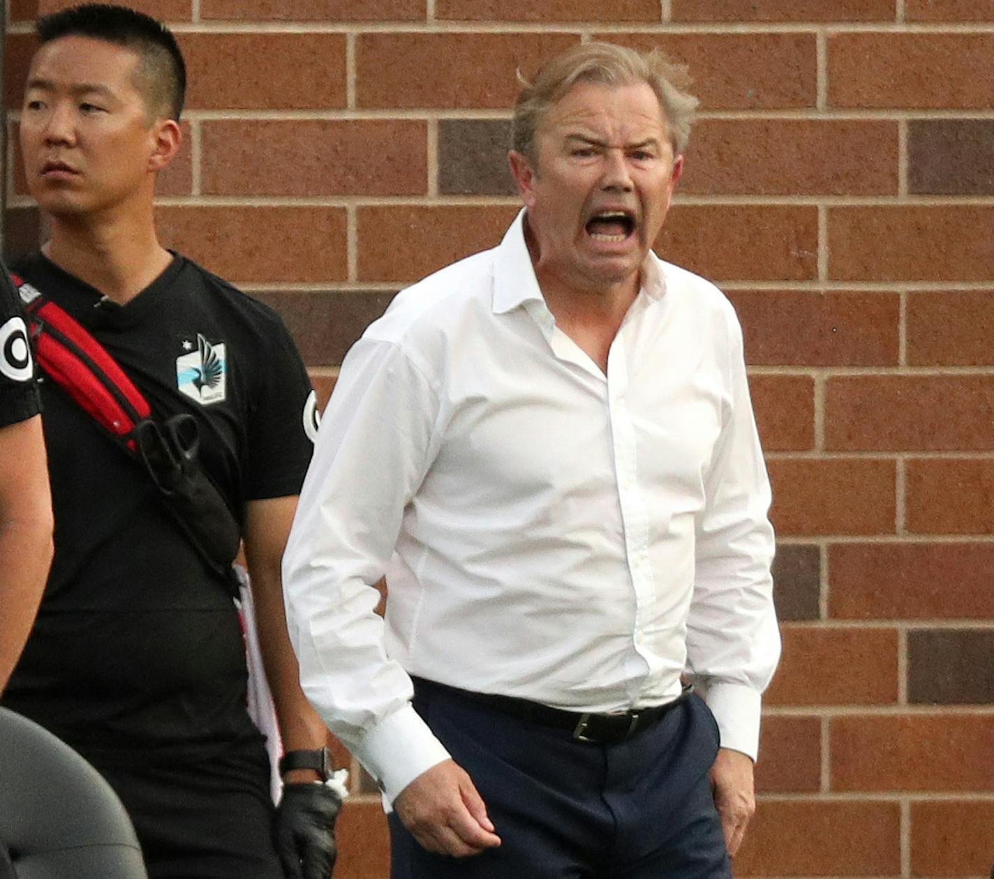 Minnesota United head coach Adrian Heath yelled to his players from the sidelines in the first half. ] ANTHONY SOUFFLE &#xef; anthony.souffle@startribune.com Minnesota United played FC Dallas in an MLS match Friday, June 29, 2018 at TCF Bank Stadium in Minneapolis.