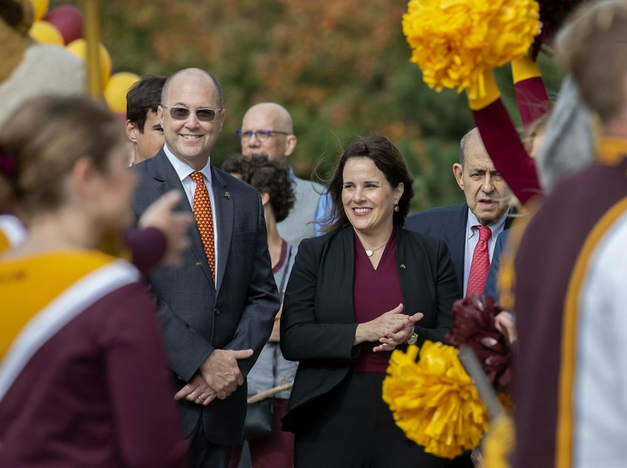 Joan Gabel, the University of Minnesota's first female president, and her husband Dr. Gary Gabel, stood for a pep rally on the steps of Northrop Memorial Auditorium for welcome remarks, Friday, September 20, 2019.