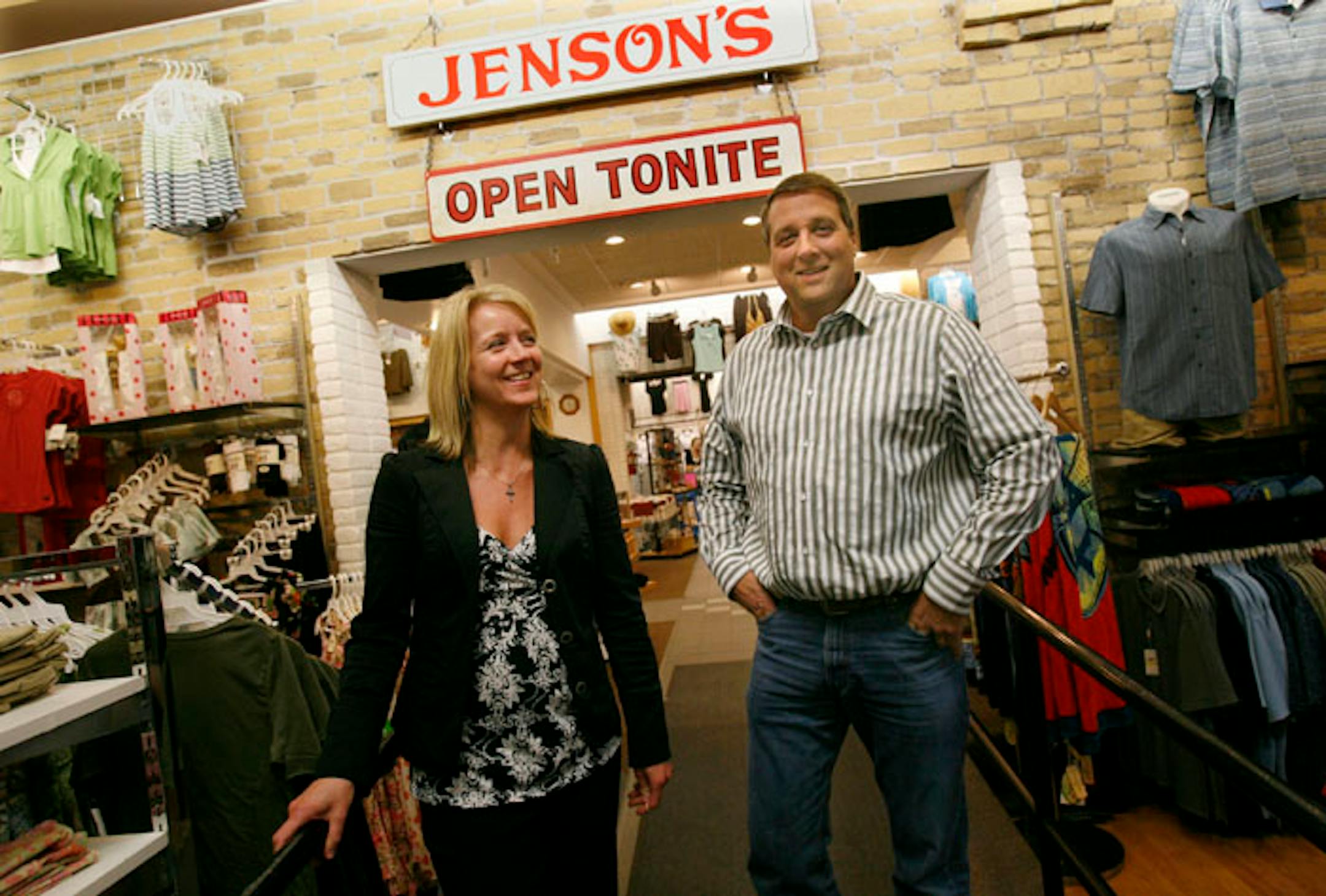 Tom Jenson and his sister Theresa Jaeger own Jenson's Department Store, located in a downtown Anoka building that was retrofitted with a sprinkler system. family -- at least through Christmas," said Jenson, about the contractors doing the job. Jenson said fitting the building with a sprinkler system required boring holes in almost three-feet thick masonry walls-- twice the thickness of the brick wall shown -- to run pipe, among the obstacles contractors faced in doing the job. Jenson's is a fami