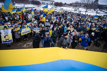 Supporters of Ukraine gathered on the steps of the State Capitol to protest the Russian invasion of Ukraine in St. Paul on Sunday.