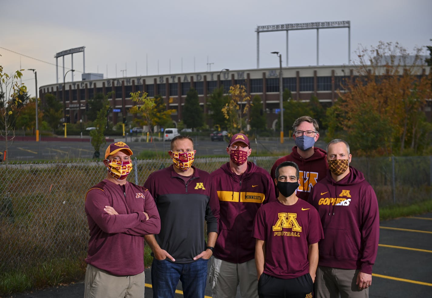 Tailgating friends (from left) Nathan Brown, Chris Joos, Greg Palattao, Erik Romslo, Peter Moran and Dave Just in Lot 37 outside the Gophers' stadium.