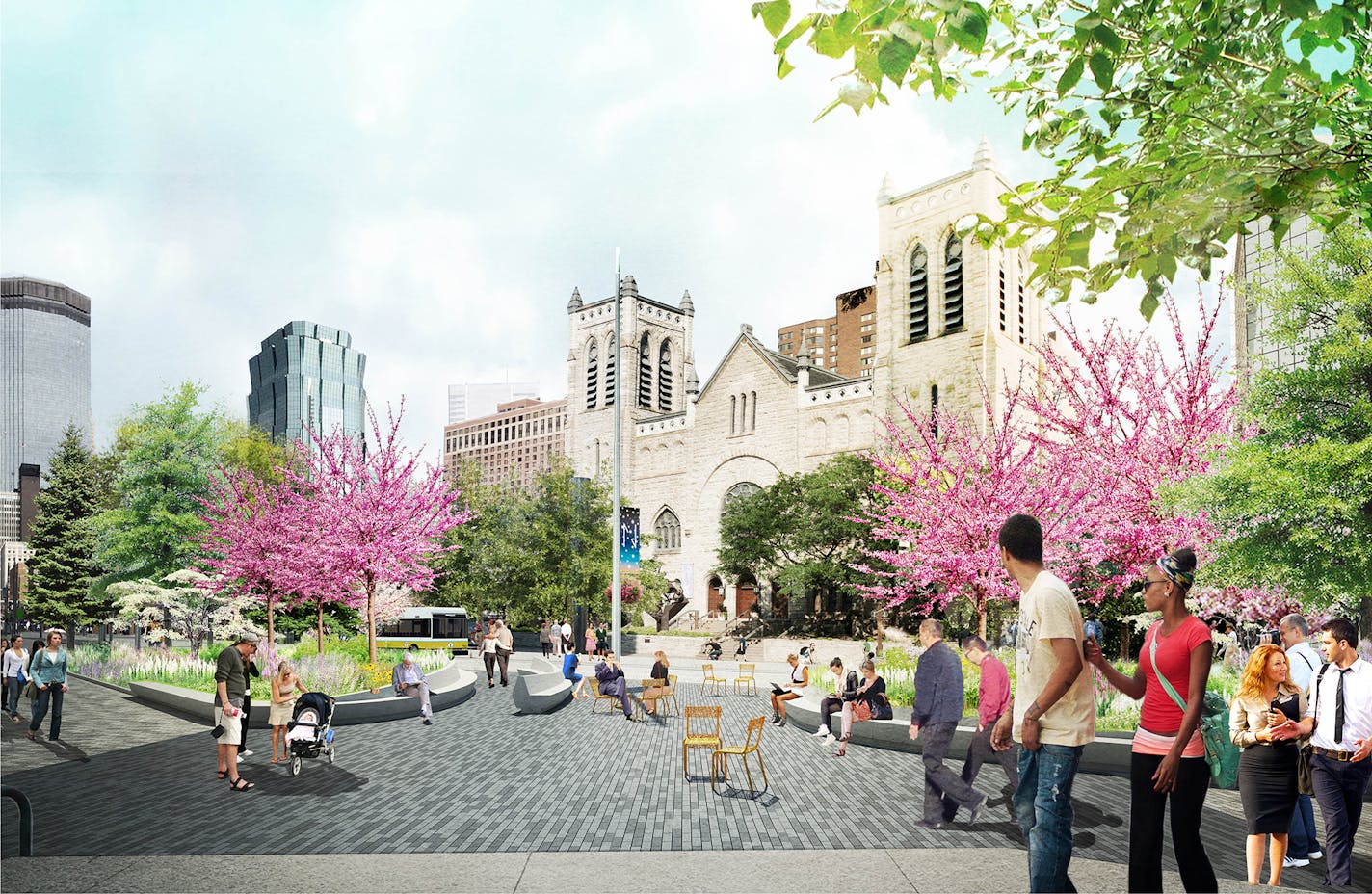 Loring Woods Plaza is an open area planned at the south end of Nicollet Mall, where it meets the Loring Greenway between 12th and 13th streets.