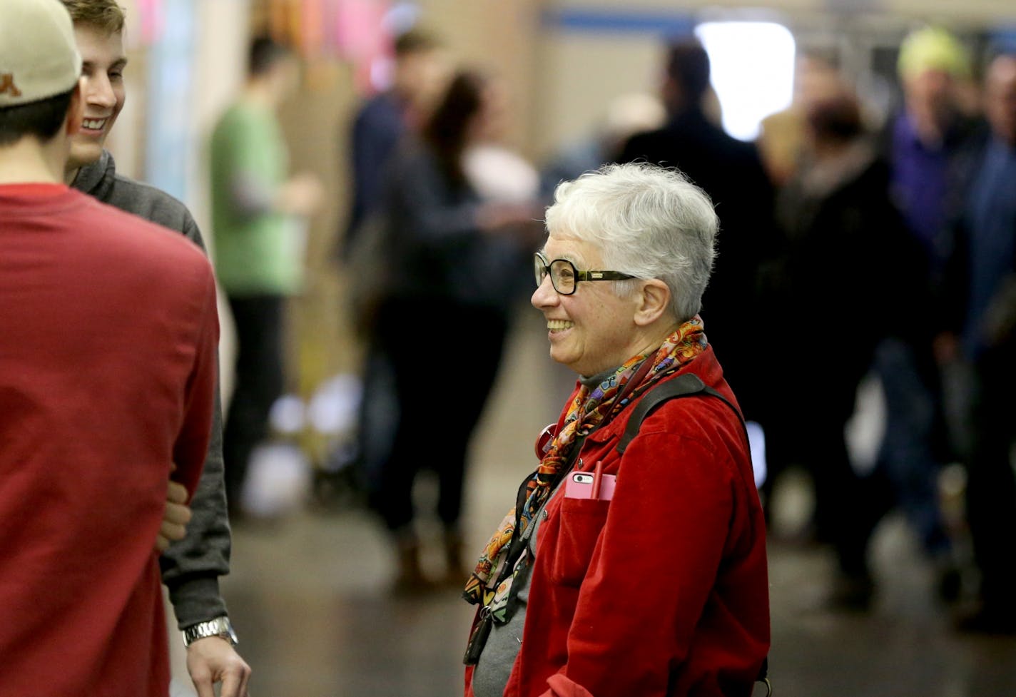 DFL Rep. Phyllis Kahn spoke with delegates in a hallway at Northeast Middle School prior to the start of the DFL endorsing convention Saturday, April 9, 2016, in Minneapolis, MN.