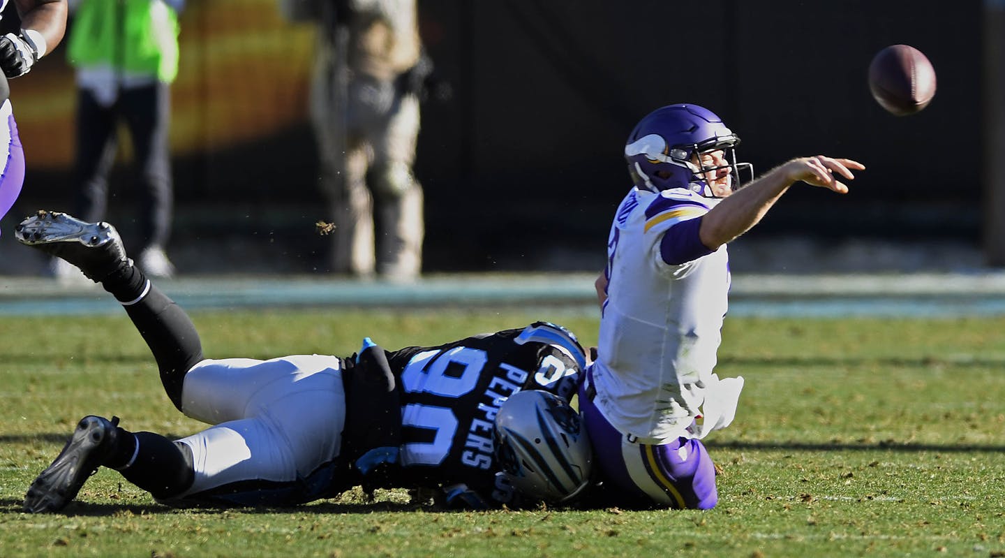 Panthers defensive end Julius Peppers sacked Vikings quarterback Case Keenum in the first half Sunday.