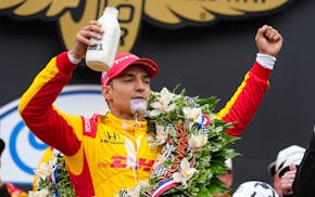 Alex Palou of Spain celebrates after he won the Indianapolis 500 at Indianapolis Motor Speedway on Sunday.