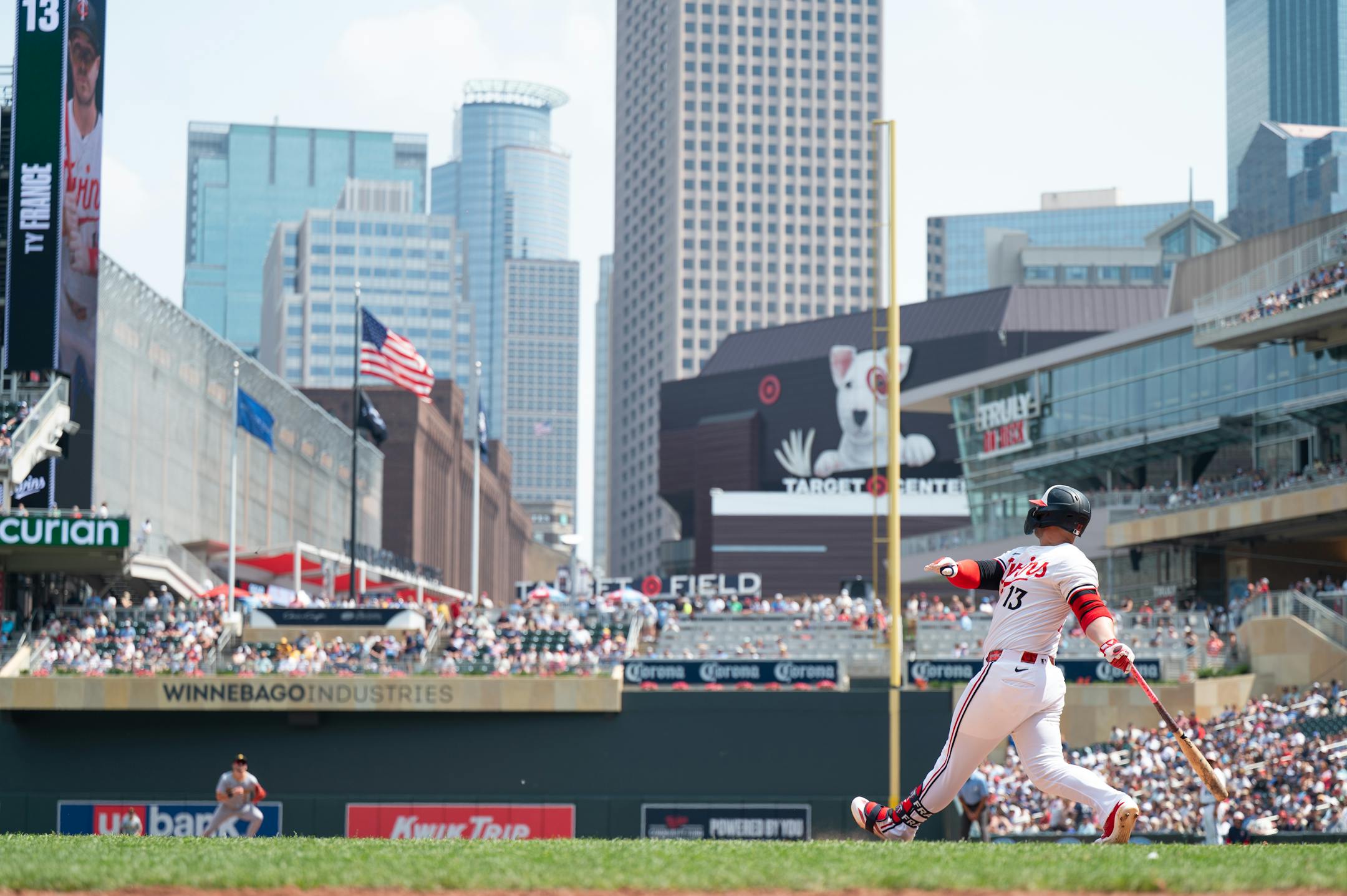 Twins first basemen Ty France makes a hit during the bottom of the 4th inning against the Pittsburgh Pirates at Target Field in July 2025 in Minneapolis.