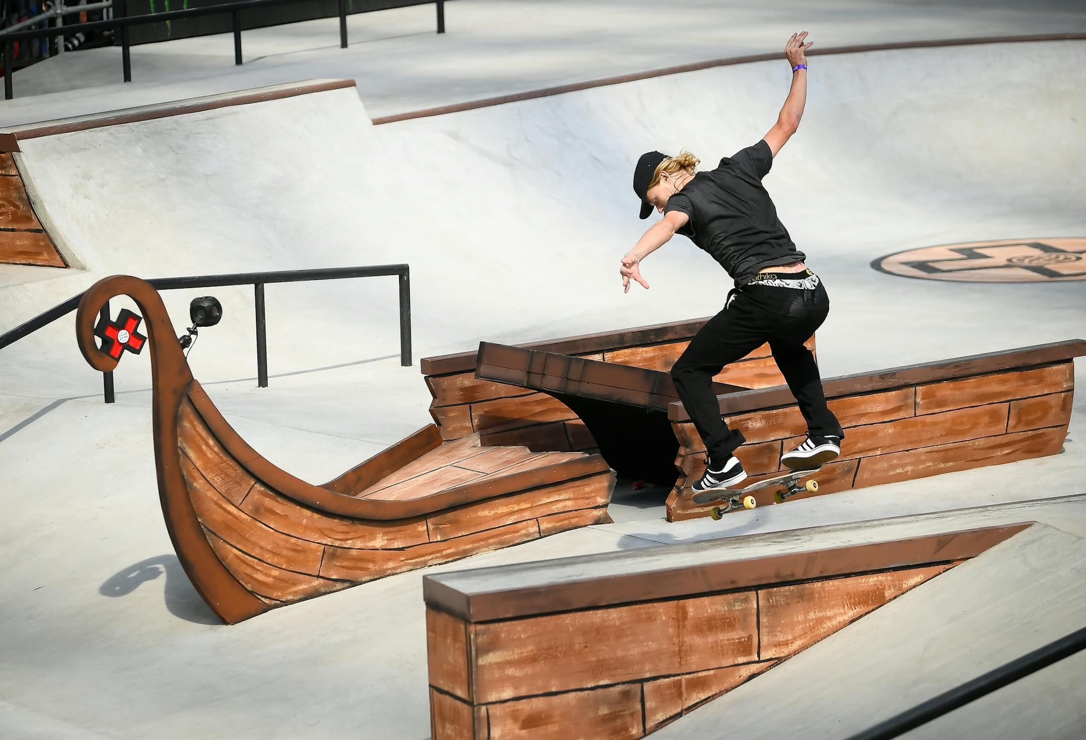Rochester's Alec Majerus ollied into a grind during his second run in the X Games skateboarding street qualifiers Friday. ] AARON LAVINSKY ï aaron.lavinsky@startribune.com The X Games were held Friday, July 14, 2017 at US Bank Stadium in Minneapolis, Minn.